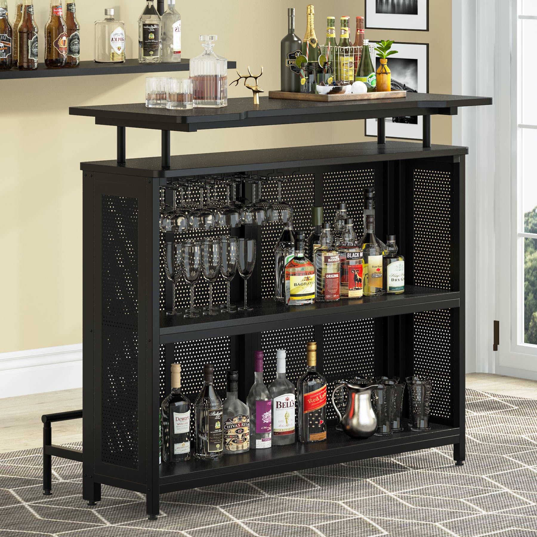 Tribesigns Home Bar Unit, 3 Tier Liquor Bar Table With Stemware Racks And Wine Storage Shelves, Wine Bar Cabinet Mini Bar For Home Kitchen -