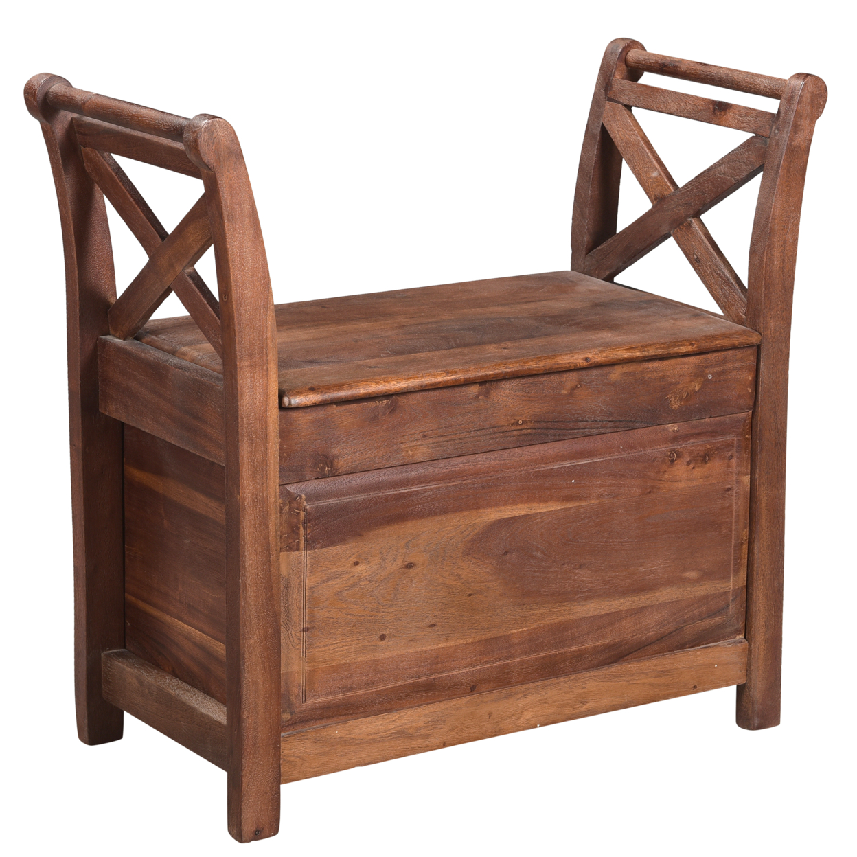Wooden Entryway Bench with Lift Top Storage and X Shape Flared Sides, Dark Brown, Saltoro Sherpi