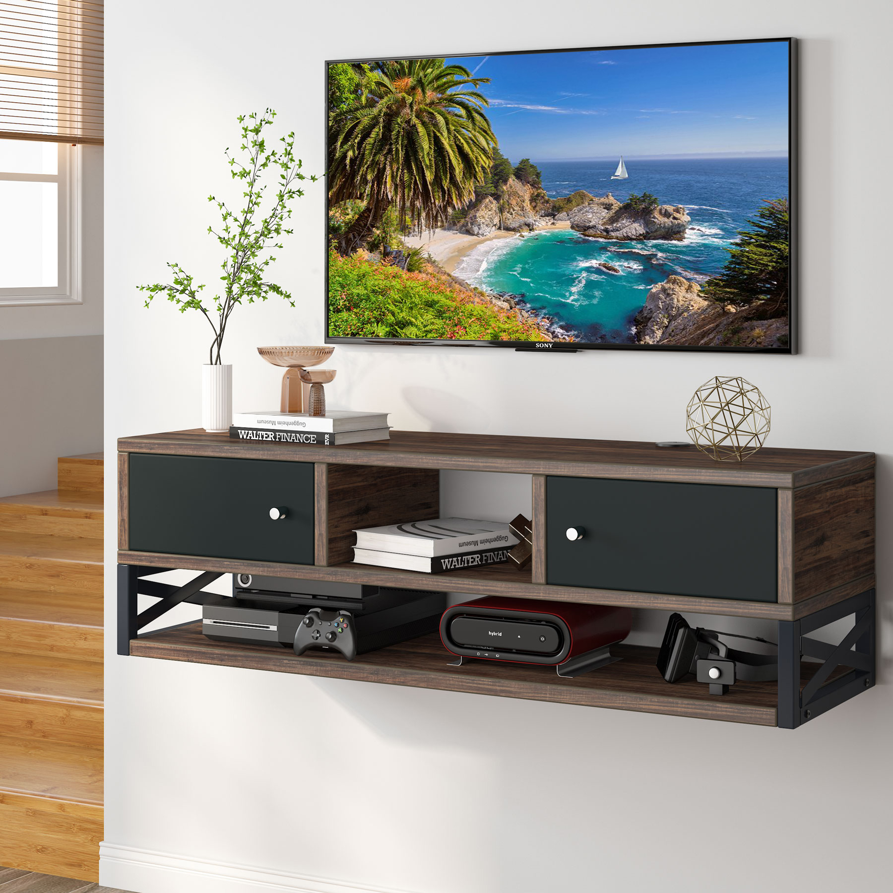 Tribesigns Floating TV Stand, 3-Tier Wall Mounted Media Console TV Shelf with Magnetic Suction Doors, TV Cabinet Entertainment Console