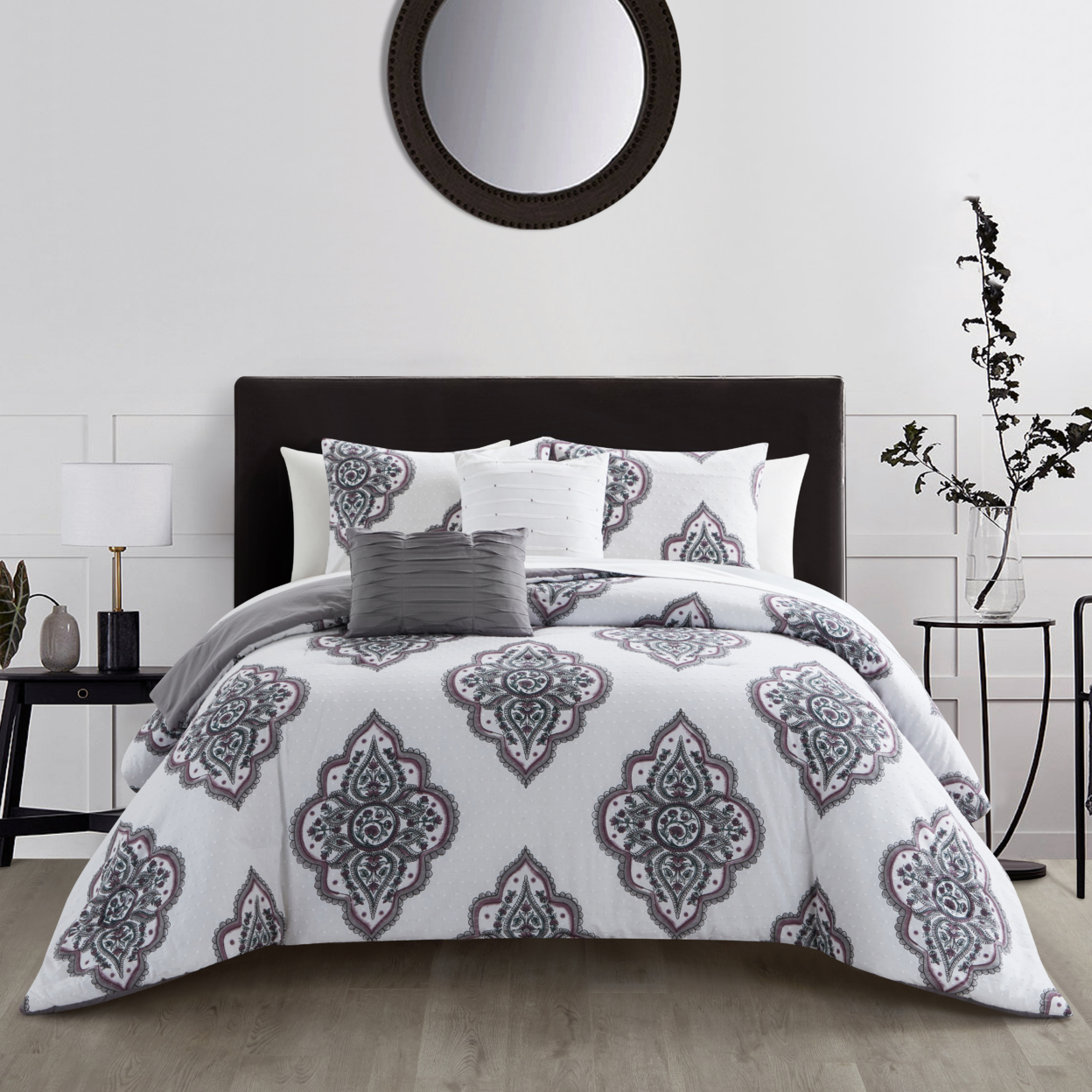 Paacey 5 or 9 Piece Cotton Jacquard Comforter Set Medallion Embroidered Bedding - grey, queen
