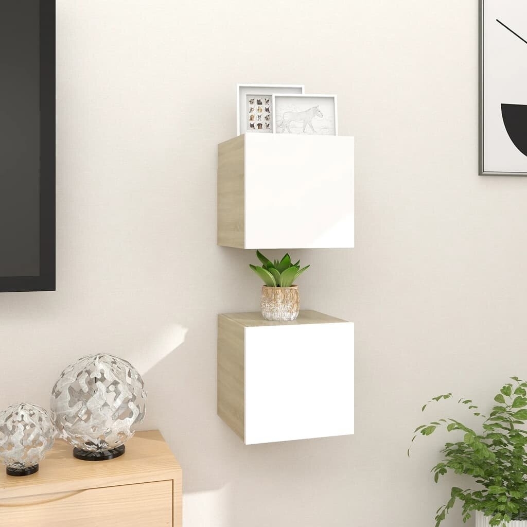 2 pcs White and Sonoma Oak Wall Mounted TV Cabinets 12"x11.8"x11.8â