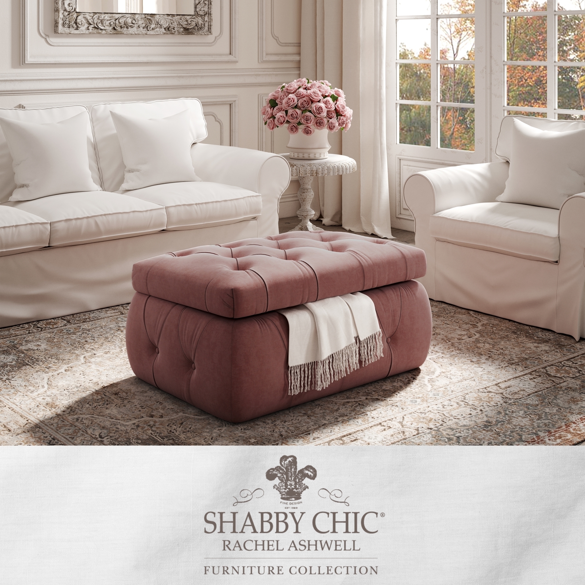 Ishan Ottoman-Upholstered-Button Tufted-Storage - blush velvet