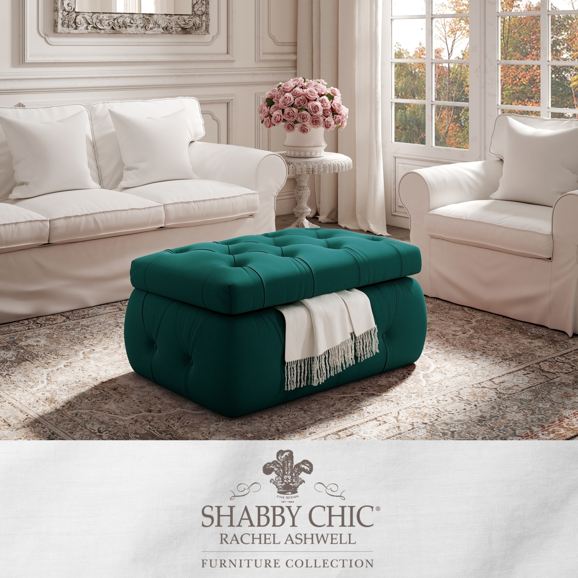 Ishan Ottoman-Upholstered-Button Tufted-Storage - emerald green velvet