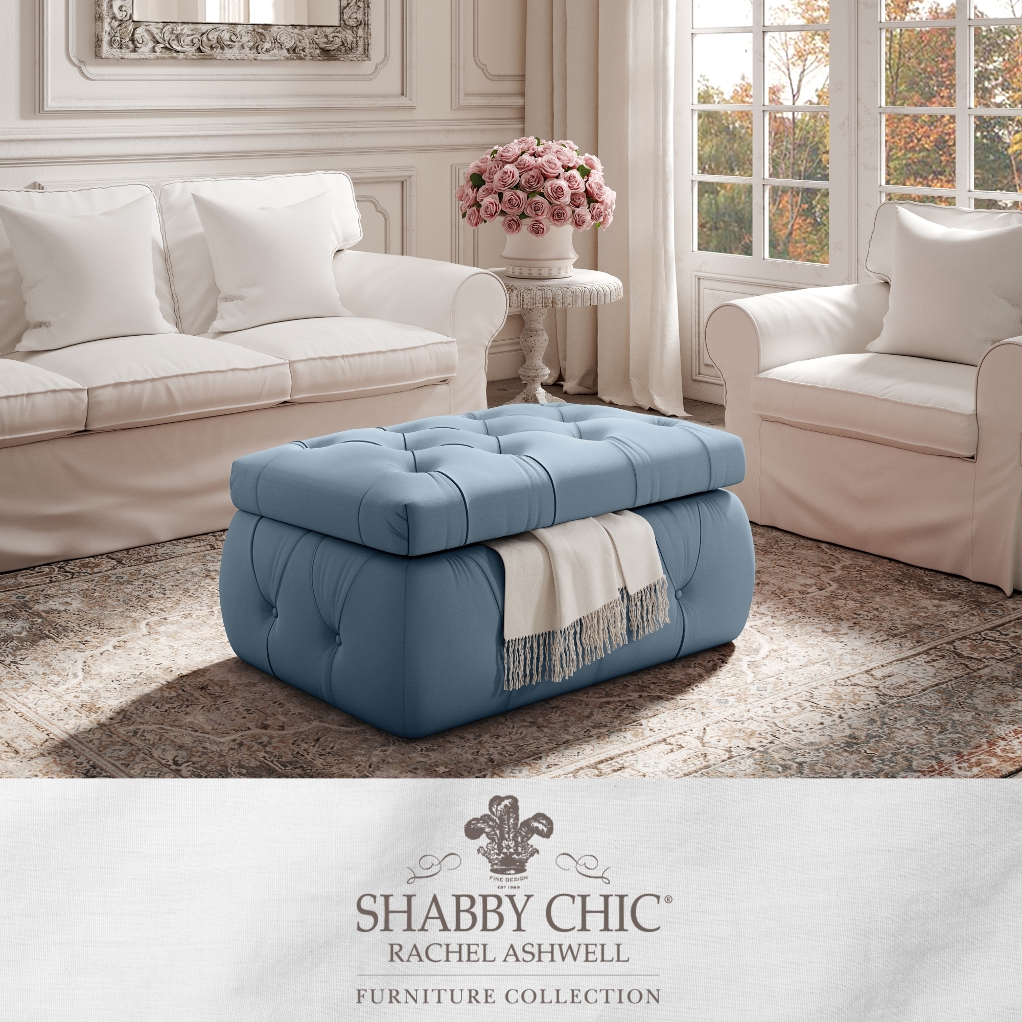 Ishan Ottoman-Upholstered-Button Tufted-Storage - light blue velvet