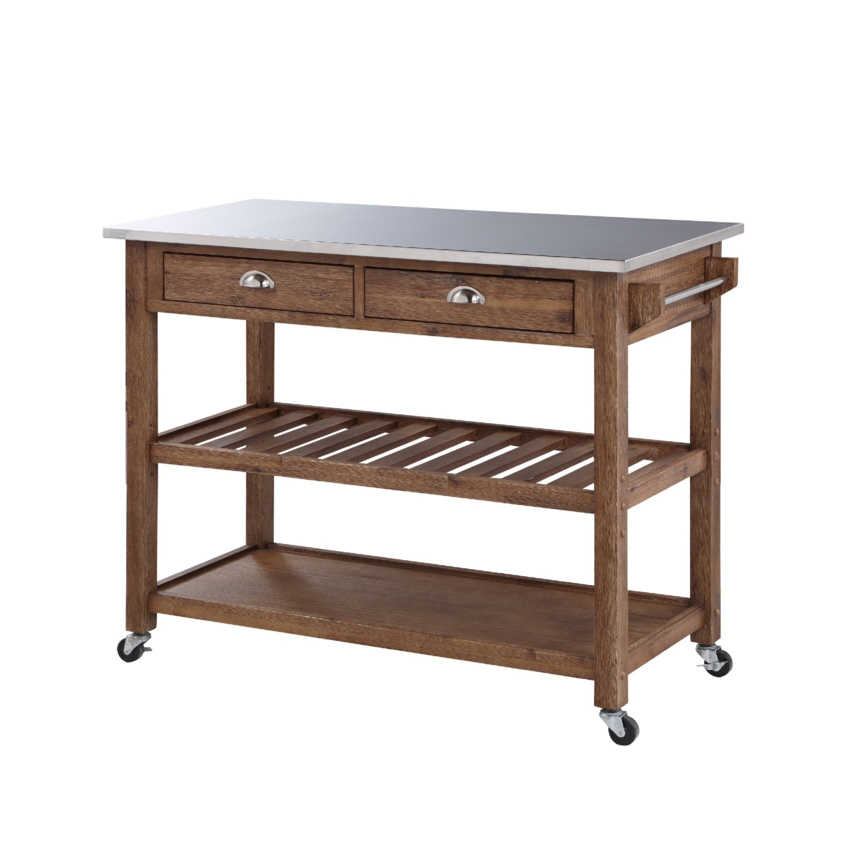 Amber 45 Inch Kitchen Cart Island, Stainless Steel Top, 2 Drawers And 2 Shelves, Brown- Saltoro Sherpi