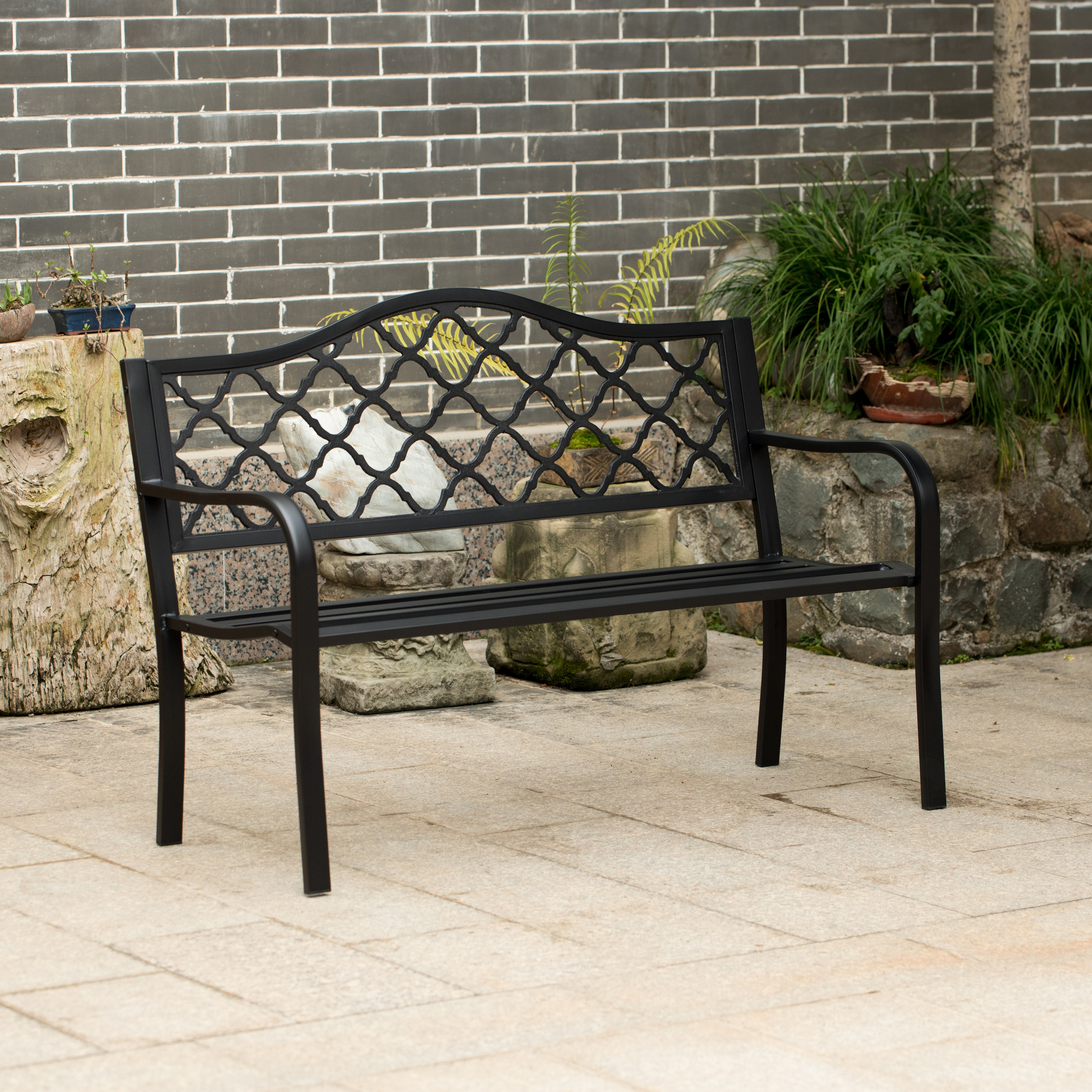 Gardenised Outdoor Garden Patio Steel Park Bench Lawn Decor With Cast Iron Back, Black Seating Bench For Yard, Patio, Garden And Deck