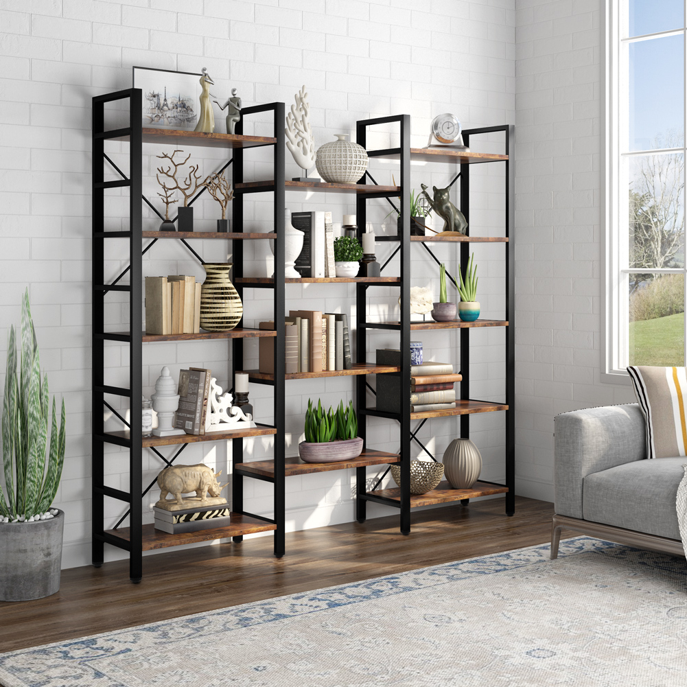 Tribesigns Triple Wide 5-Shelf Bookcase, 5 Tier Etagere Large Open Bookshelf Faux White Marble Look Shelves Wood And Metal Bookcases - Rusti