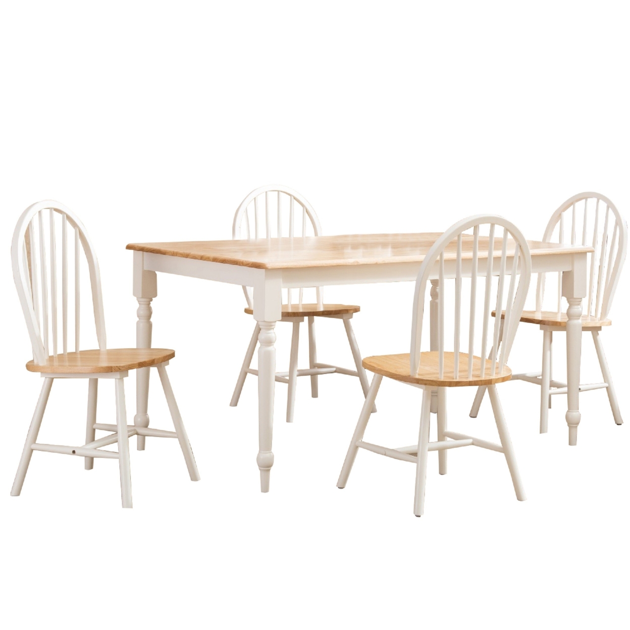 5 Piece Cottage Style Dining Table Set, 4 Windsor Back Chairs, White, Brown- Saltoro Sherpi