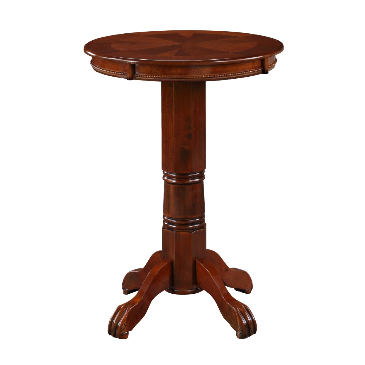 Ava 42 Inch Pub Bar Table, Wood, Round Sunburst Design, Carved Pedestal, Espresso Brown