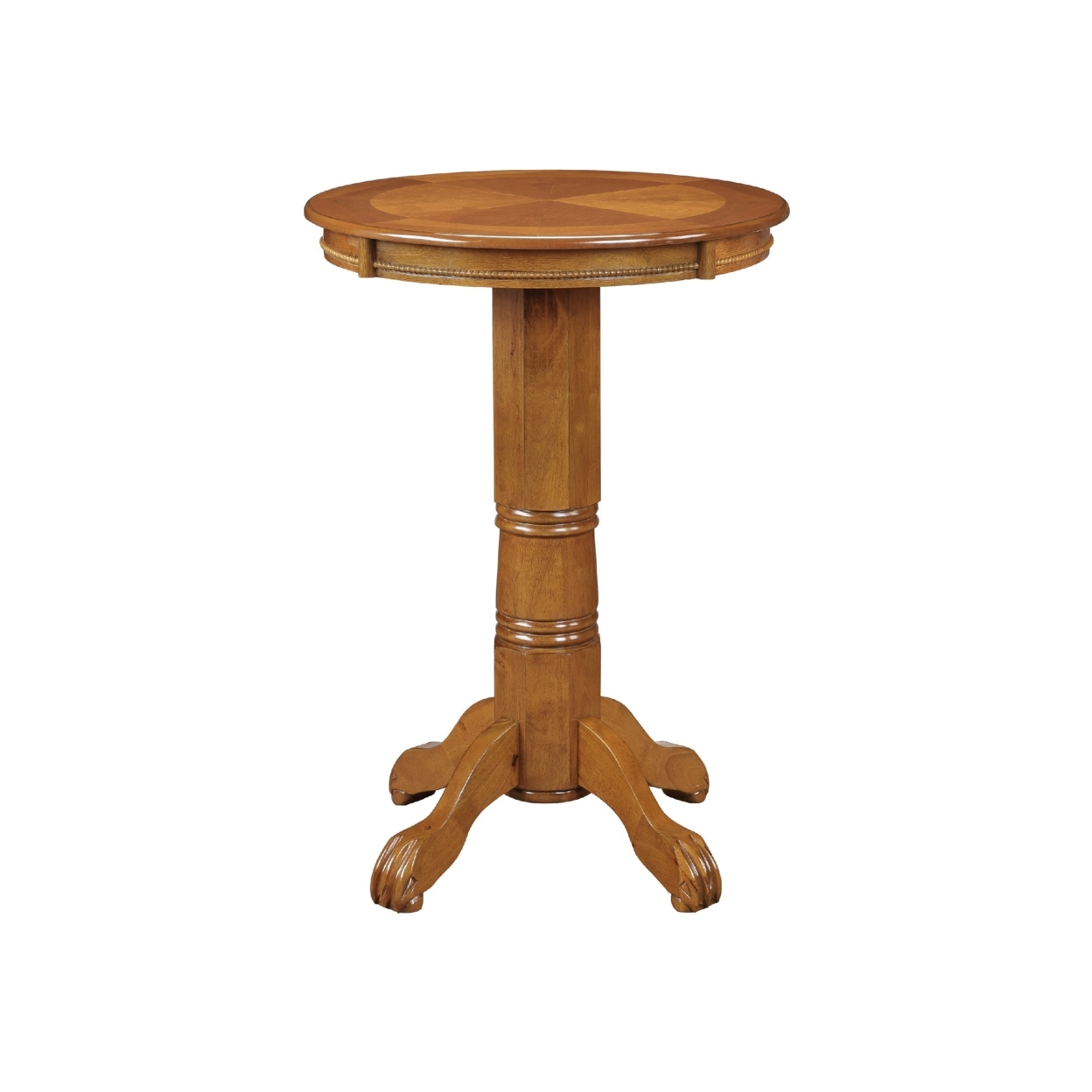 Ava 42 Inch Wood Pub Bar Table, Sunburst Design, Carved Pedestal, Oak- Saltoro Sherpi