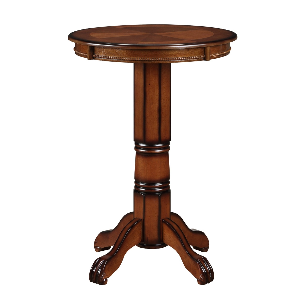 Ava 42 Inch Wood Pub Bar Table, Sunburst Design, Carved Pedestal, Brown- Saltoro Sherpi