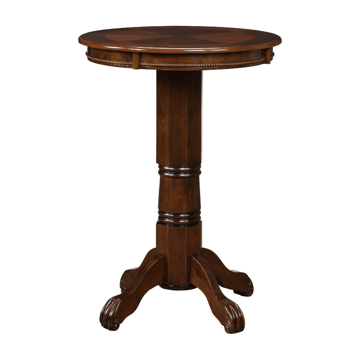 Ava 42 Inch Wood Pub Bar Table, Sunburst Design, Carved Pedestal, Cappuccino- Saltoro Sherpi