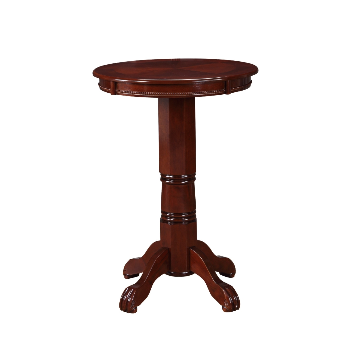 Ava 42 Inch Pub Bar Table, Wood, Sunburst Design, Carved Pedestal, Espresso Brown