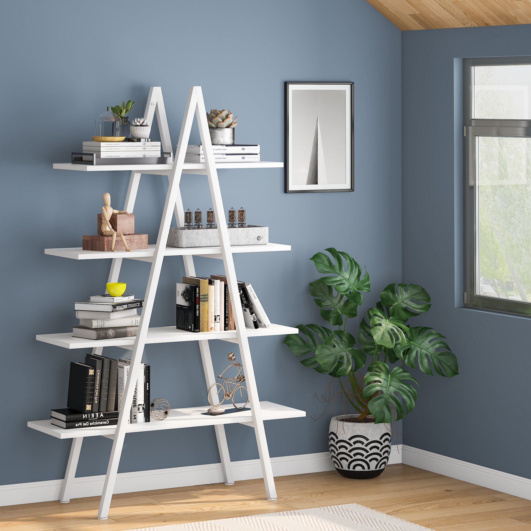 Tribesigns 4-Tier Bookshelf, A-Shaped Bookcase 4 Shelves Industrial Ladder Shelf Open Display Shelves Book Storage Organizer - White