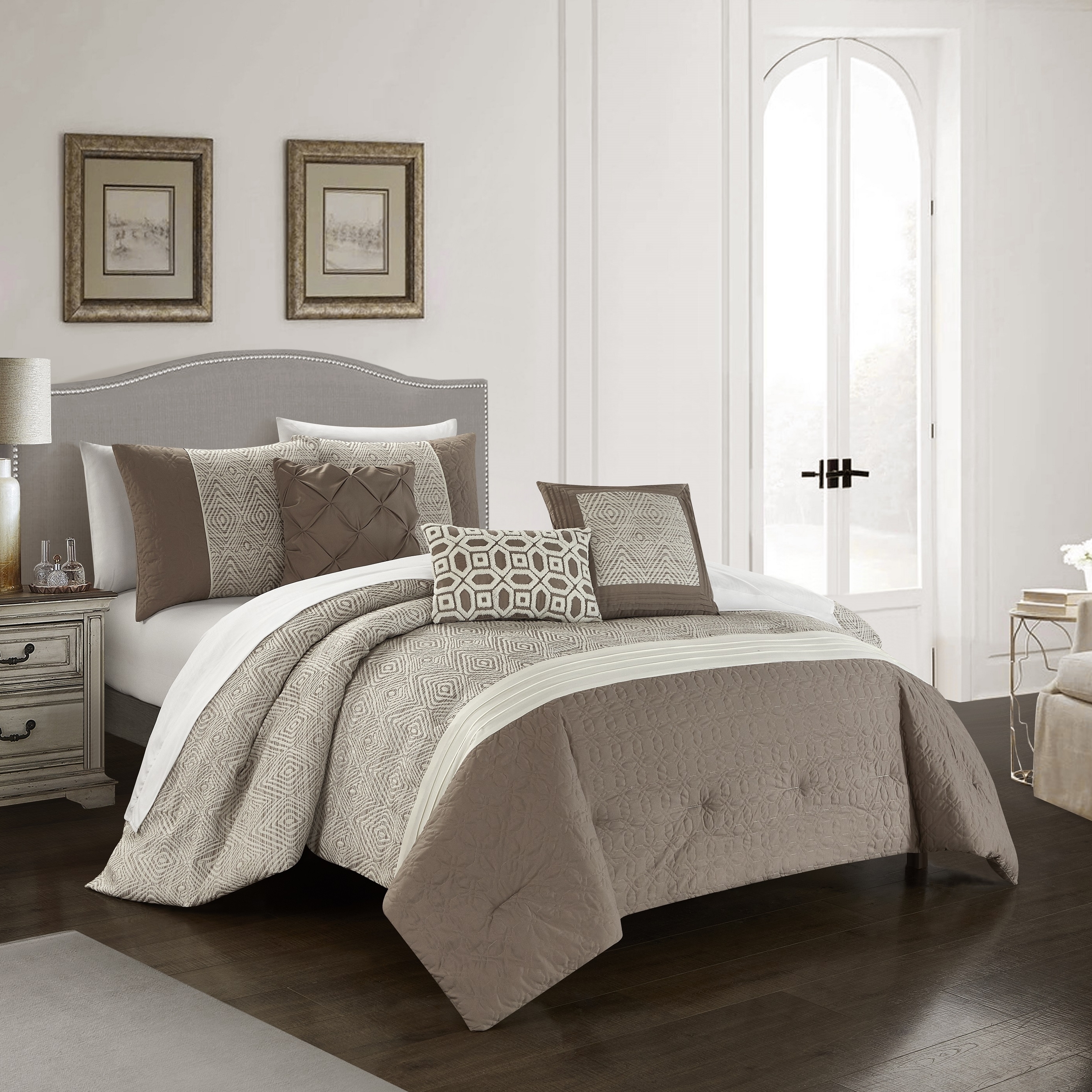 Malda 6 Piece Comforter Set Jacquard Geometric Diamond Pattern Color Block Design Bedding - Grey, King
