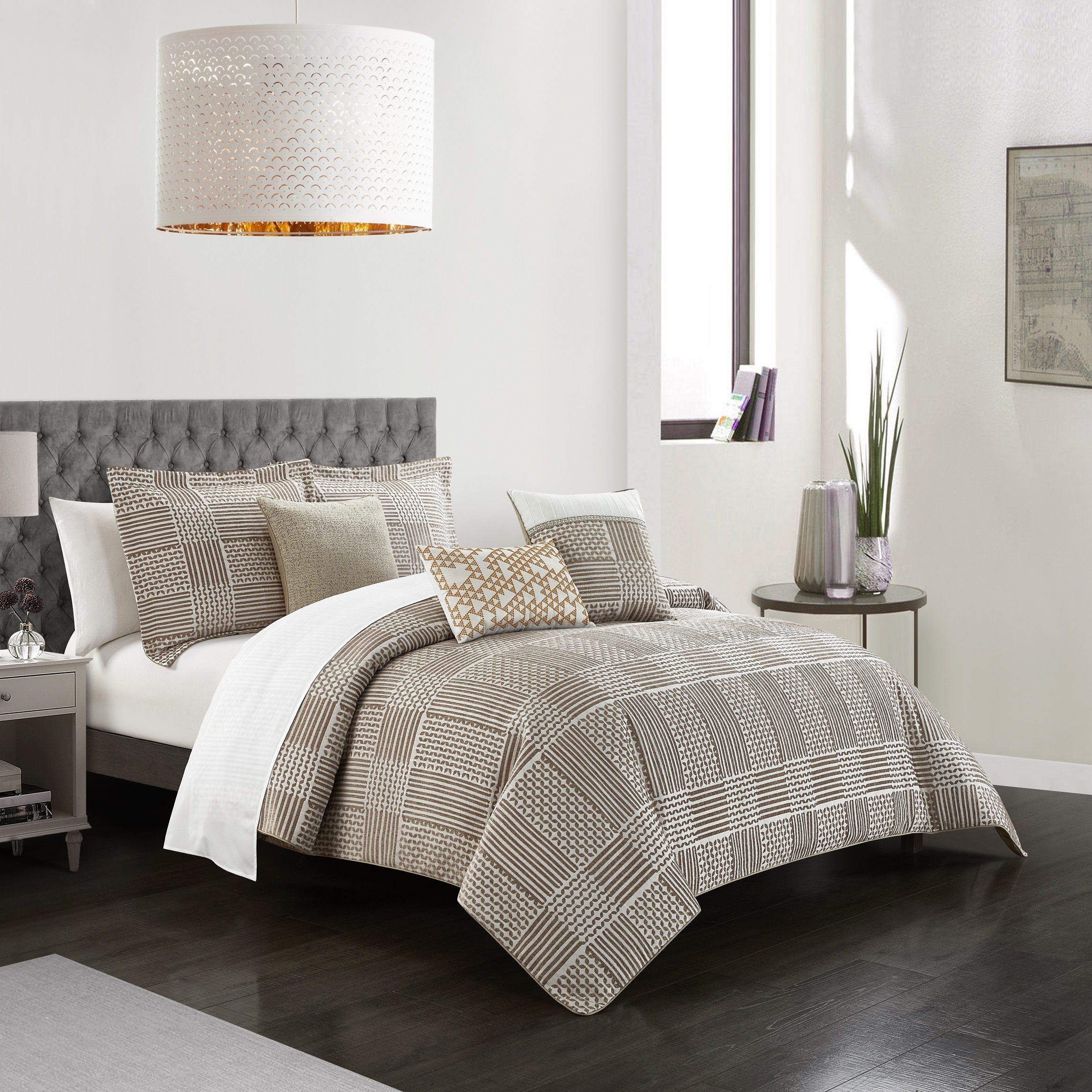 Odhi 6 Or 10 Piece Comforter Set Chenille Geometric Pattern Design Bedding - Beige With Sheet Set, Queen (10 Piece)