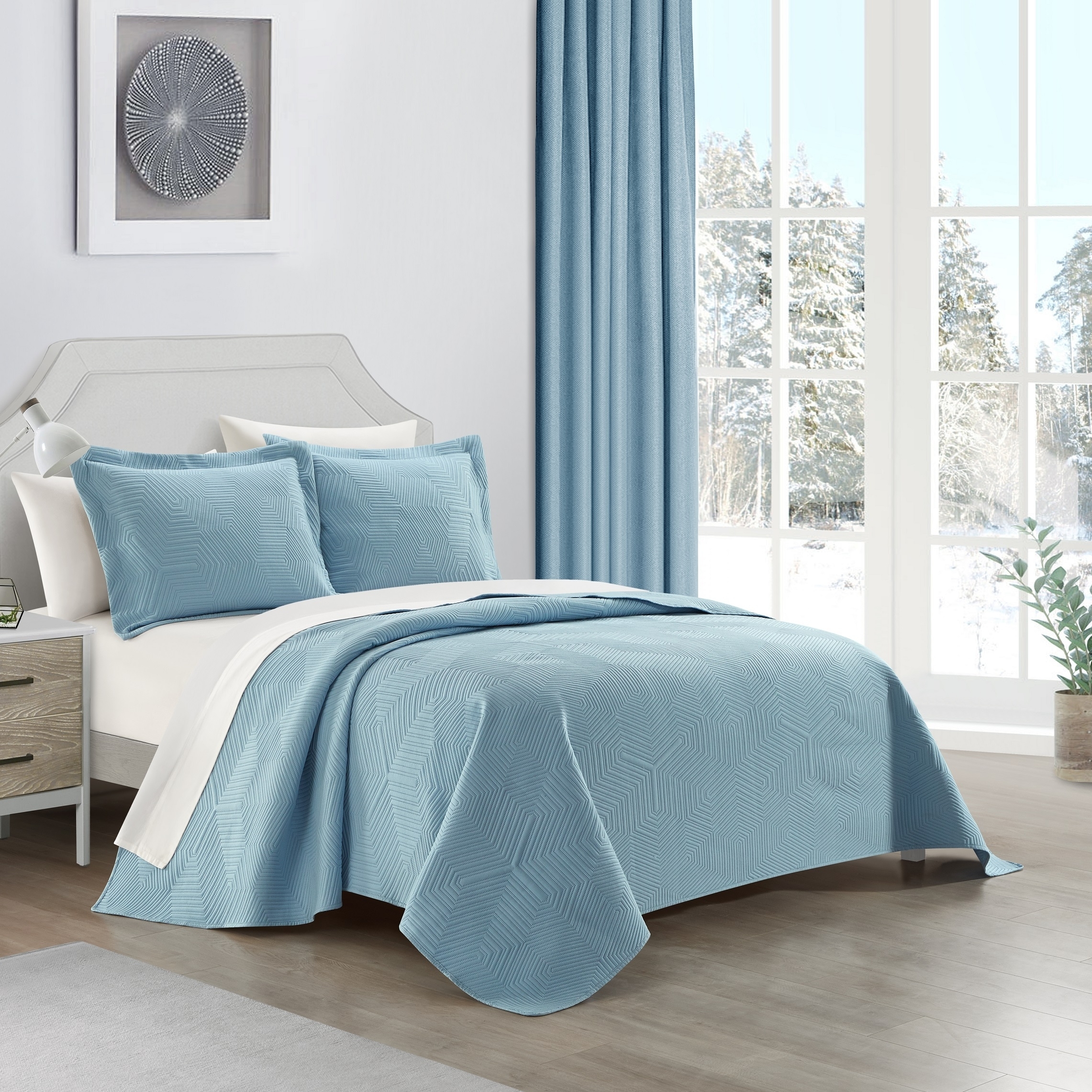 NY&CO Home Idge 3 Piece Quilt Set Y-Shaped Geometric Pattern Bedding - Blue, King