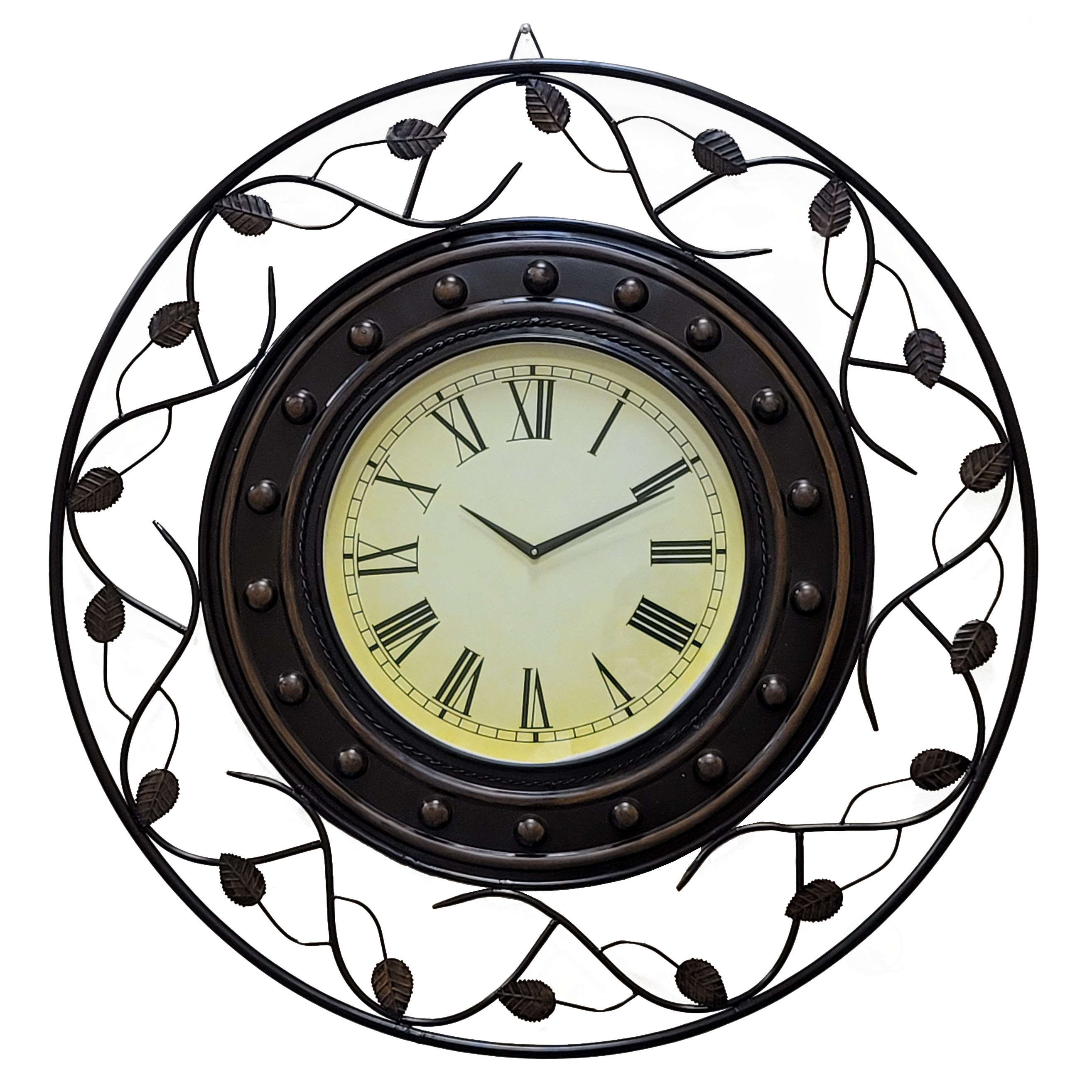 Decorative Vintage Roman Numerical Wall Clock with Black Metal Leaf Design Frame