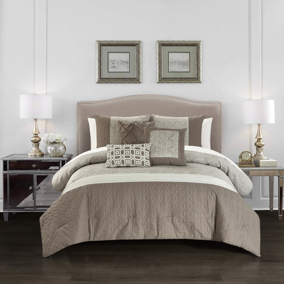 Malda 6 Piece Comforter Set Jacquard Geometric Diamond Pattern Color Block Design Bedding - beige, queen