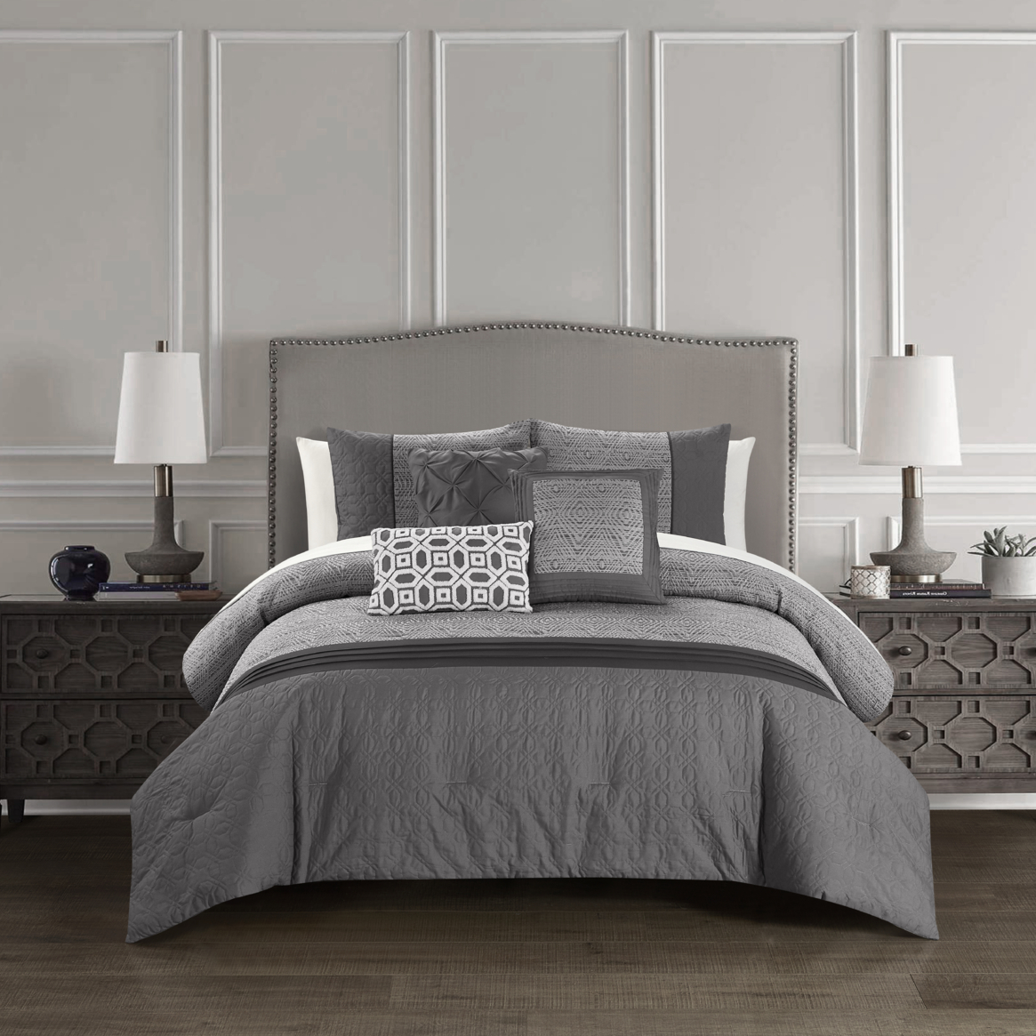 Malda 6 Piece Comforter Set Jacquard Geometric Diamond Pattern Color Block Design Bedding - grey, queen