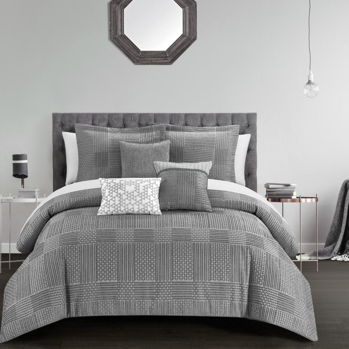 Odhi 6 or 10 Piece Comforter Set Chenille Geometric Pattern Design Bedding - grey, queen
