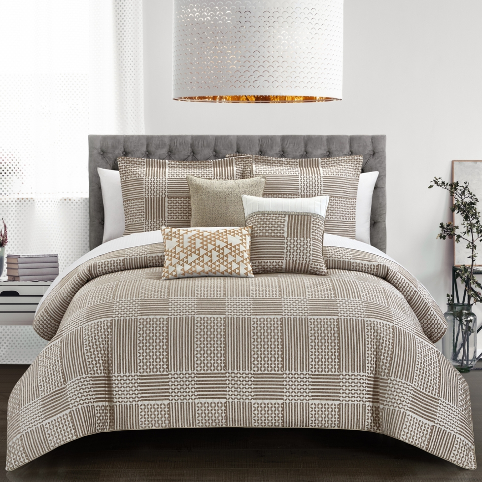 Odhi 6 or 10 Piece Comforter Set Chenille Geometric Pattern Design Bedding - beige with sheet set, queen (10 piece)