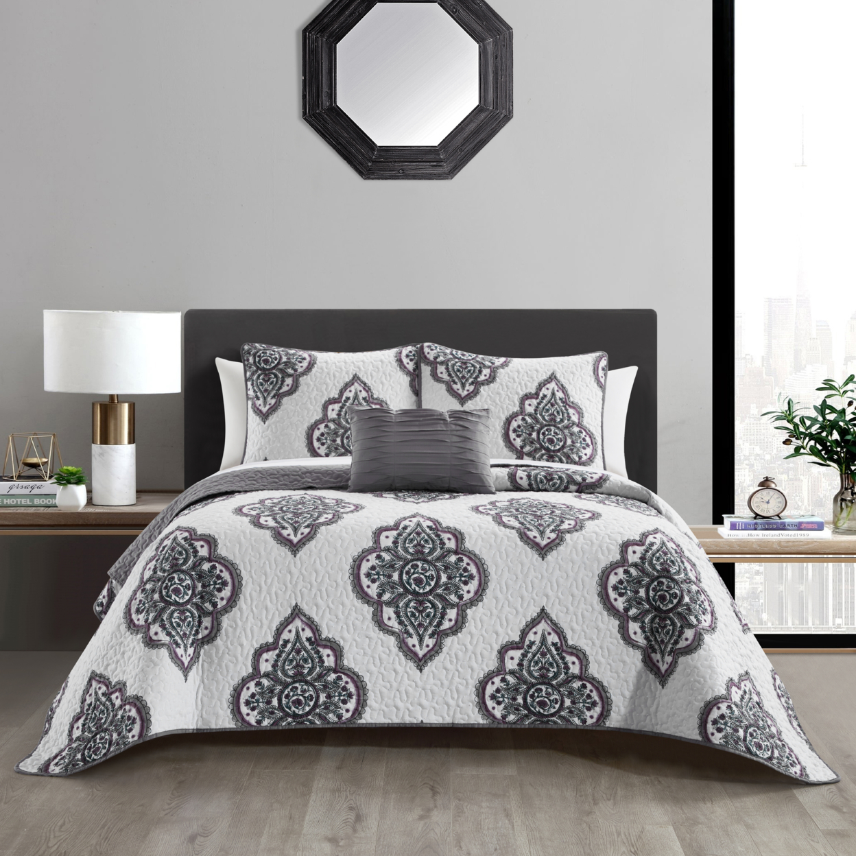 Ennett 4 Or 8 Piece Cotton Jacquard Quilt Set Medallion Embroidered Bedding - Grey With Sheet Set, Queen (10 Piece)