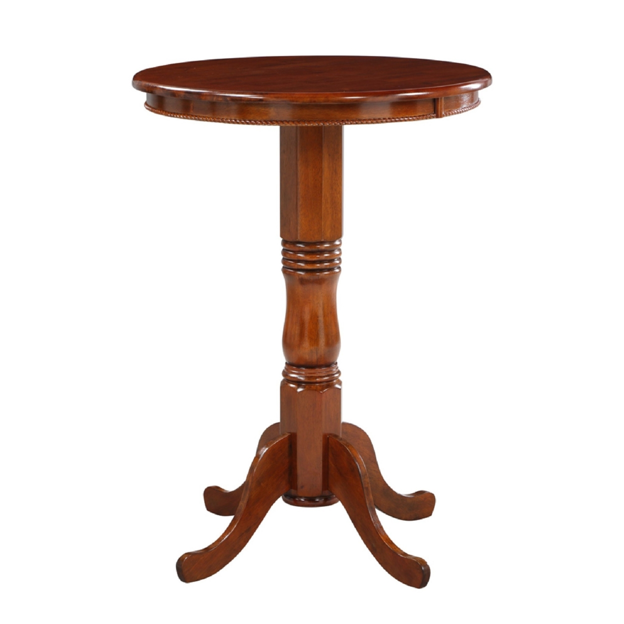 32 Inch Round Pub Bar Table, Classic Turned Pedestal, MDF Wood, Walnut Brown- Saltoro Sherpi