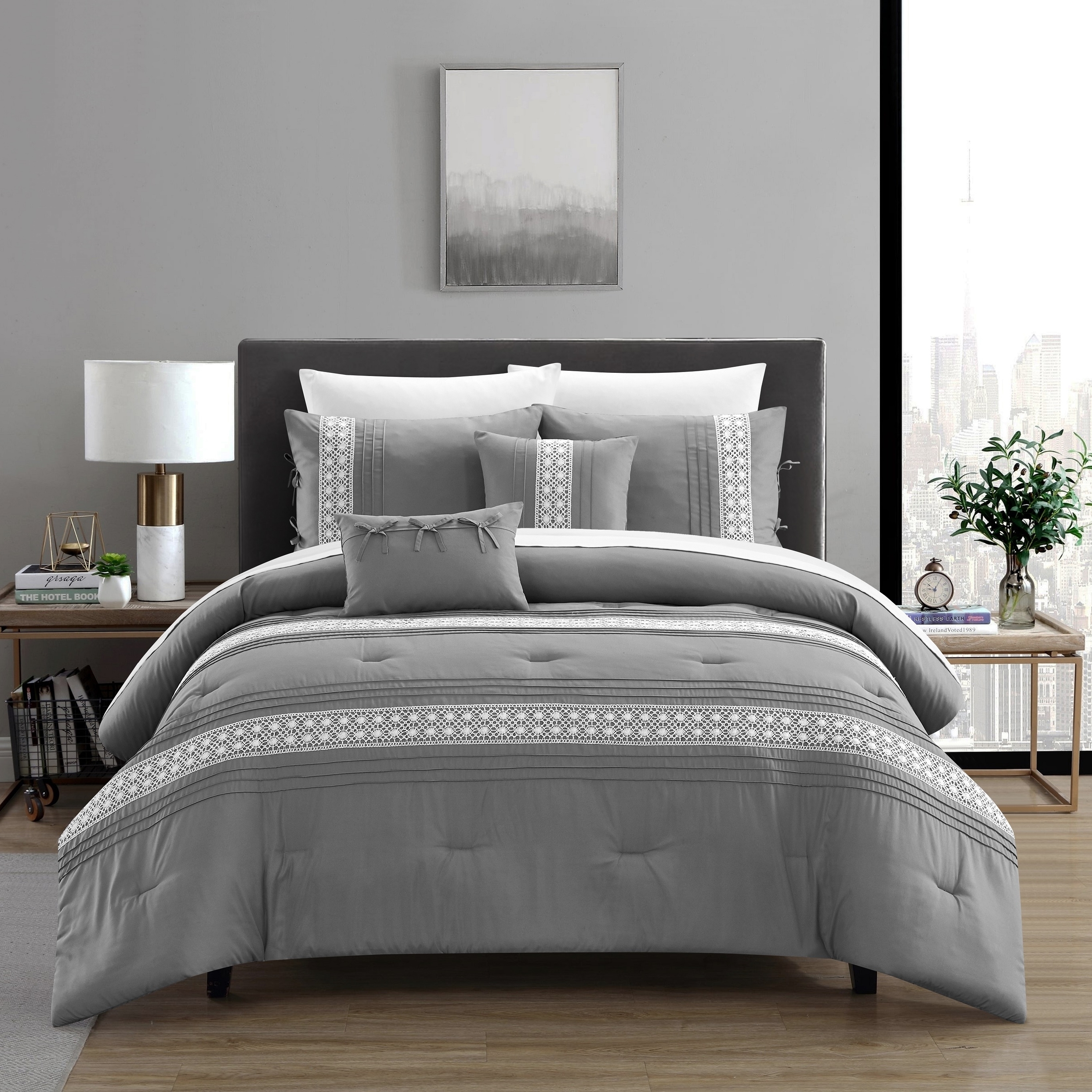 Rycen 5 Piece Comforter Set Pleated Embroidered Design Bedding - Grey, Queen