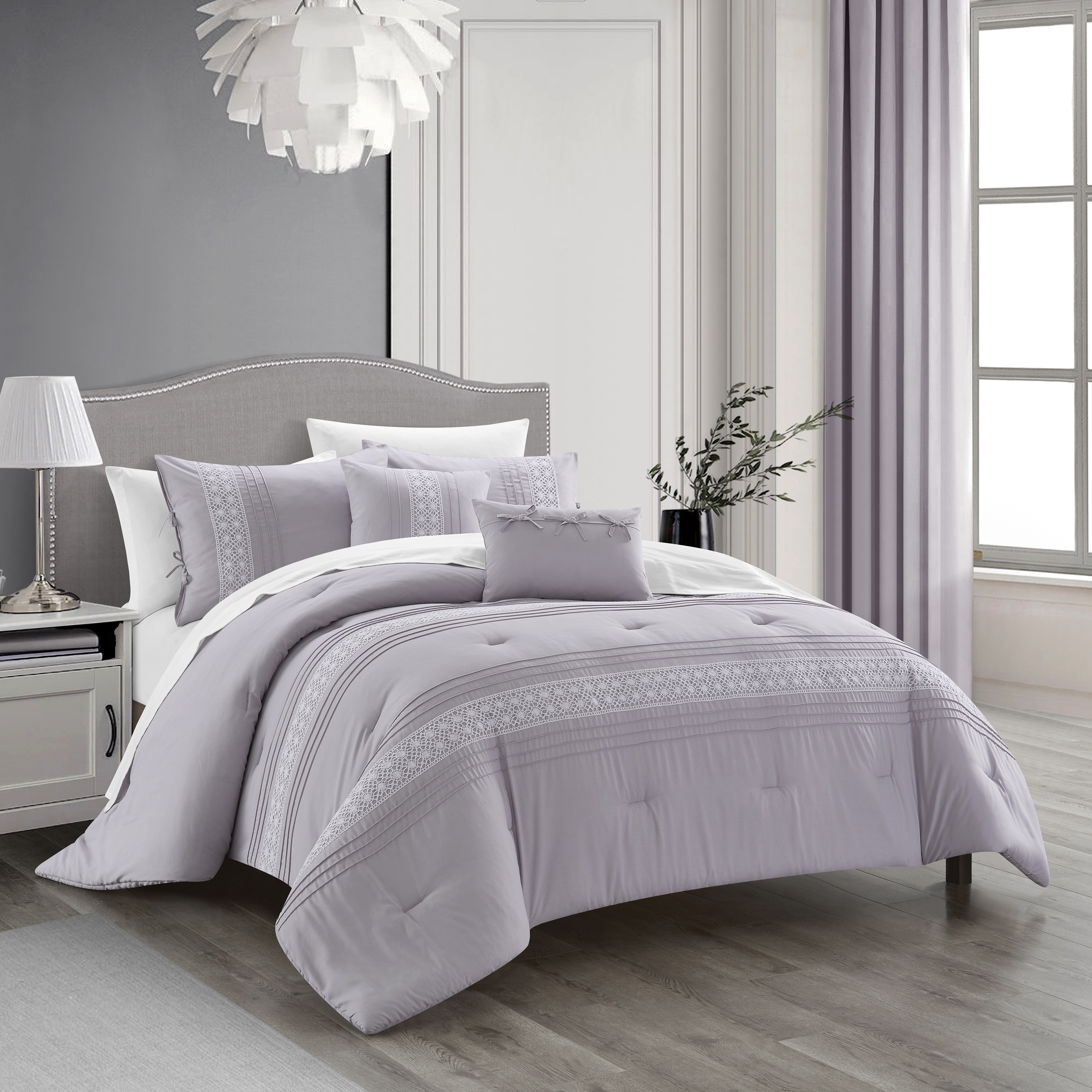 Rycen 5 Piece Comforter Set Pleated Embroidered Design Bedding - Lilac, Twin