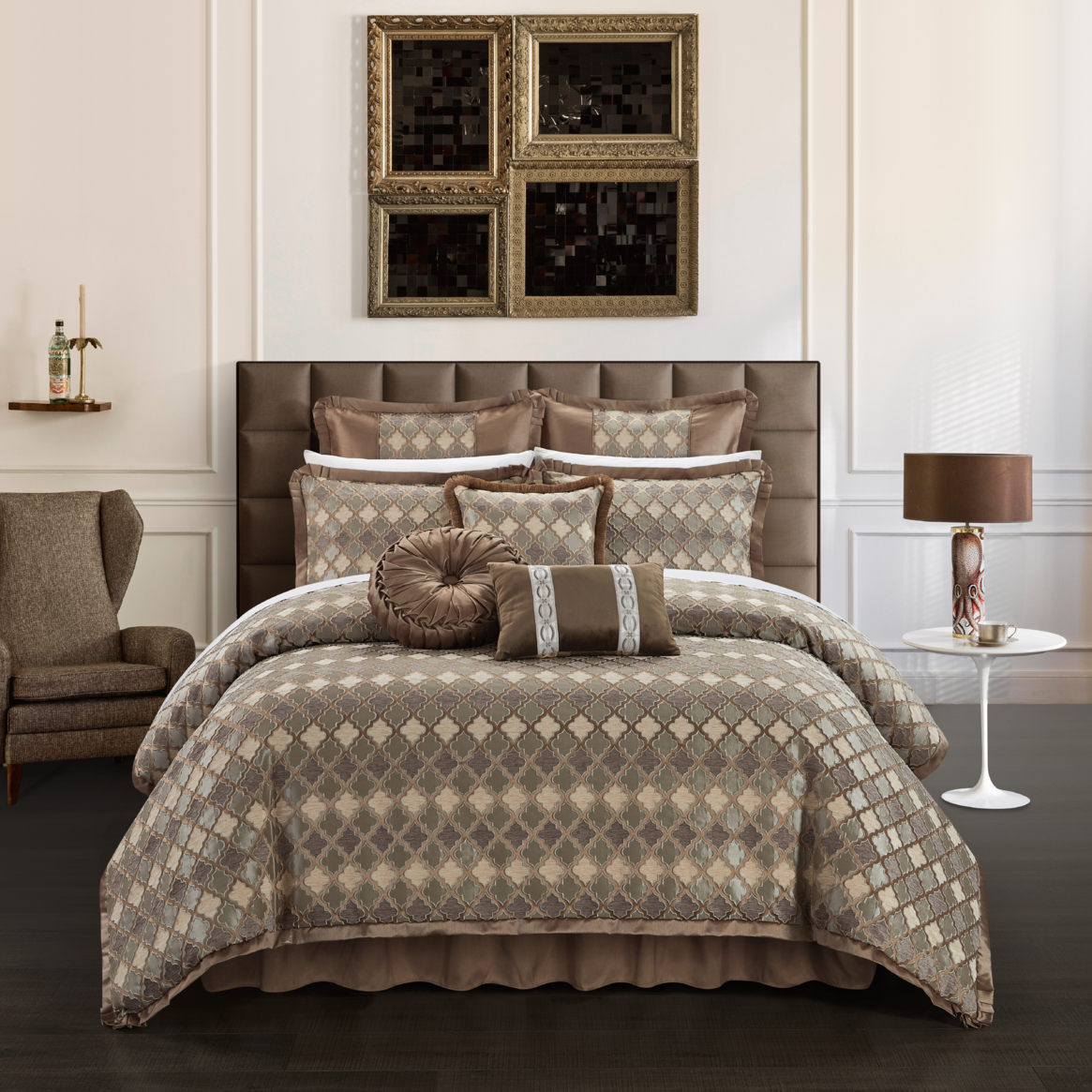 Sellen 9 Piece Comforter Set Chenille Geometric Scroll Pattern Flange Border Bedding - brown, queen