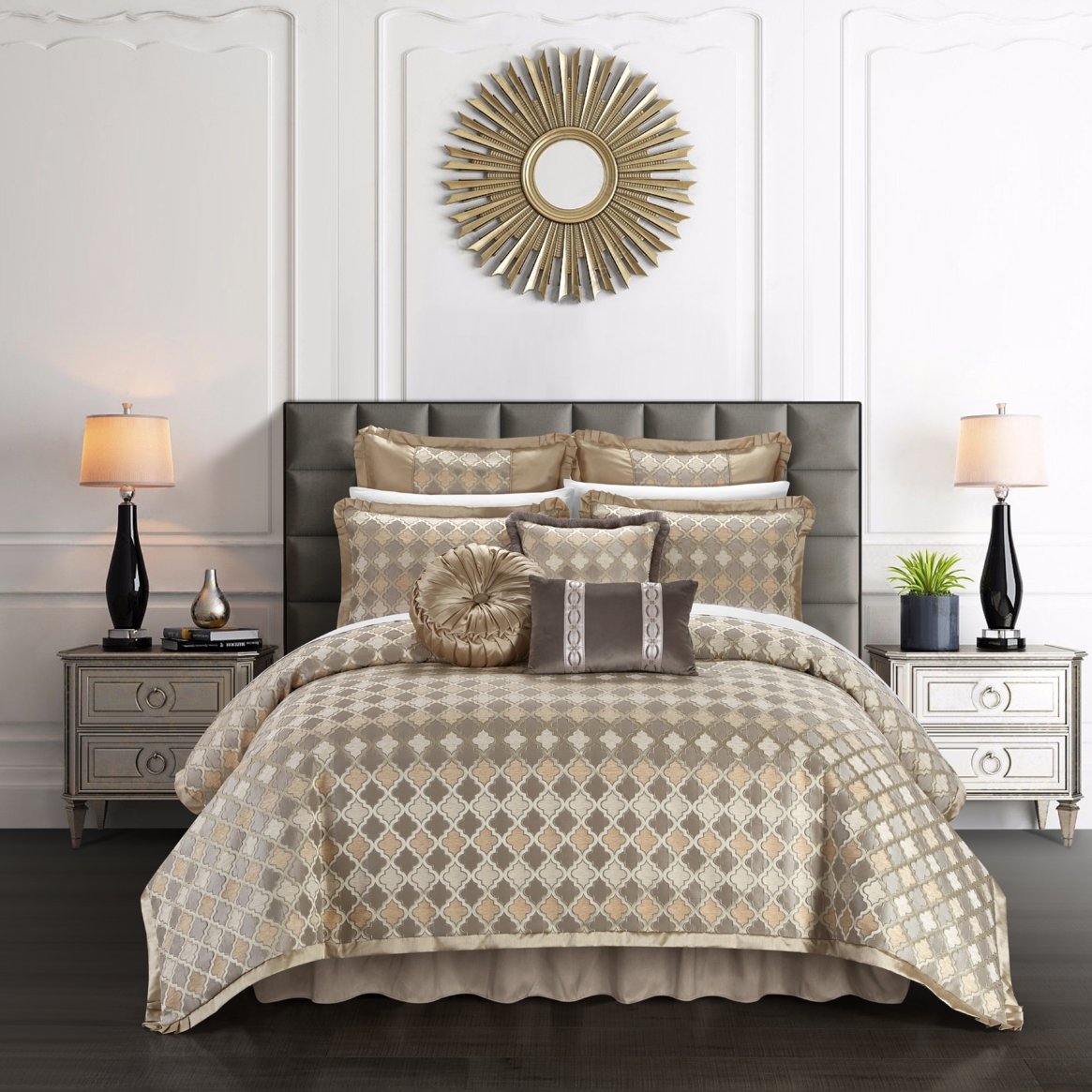 Sellen 9 Piece Comforter Set Chenille Geometric Scroll Pattern Flange Border Bedding - beige, queen