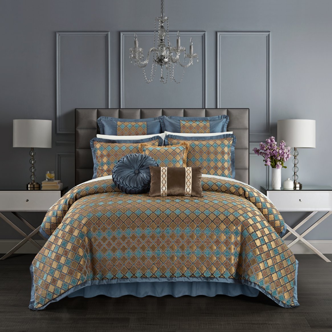 Sellen 9 Piece Comforter Set Chenille Geometric Scroll Pattern Flange Border Bedding - blue, queen