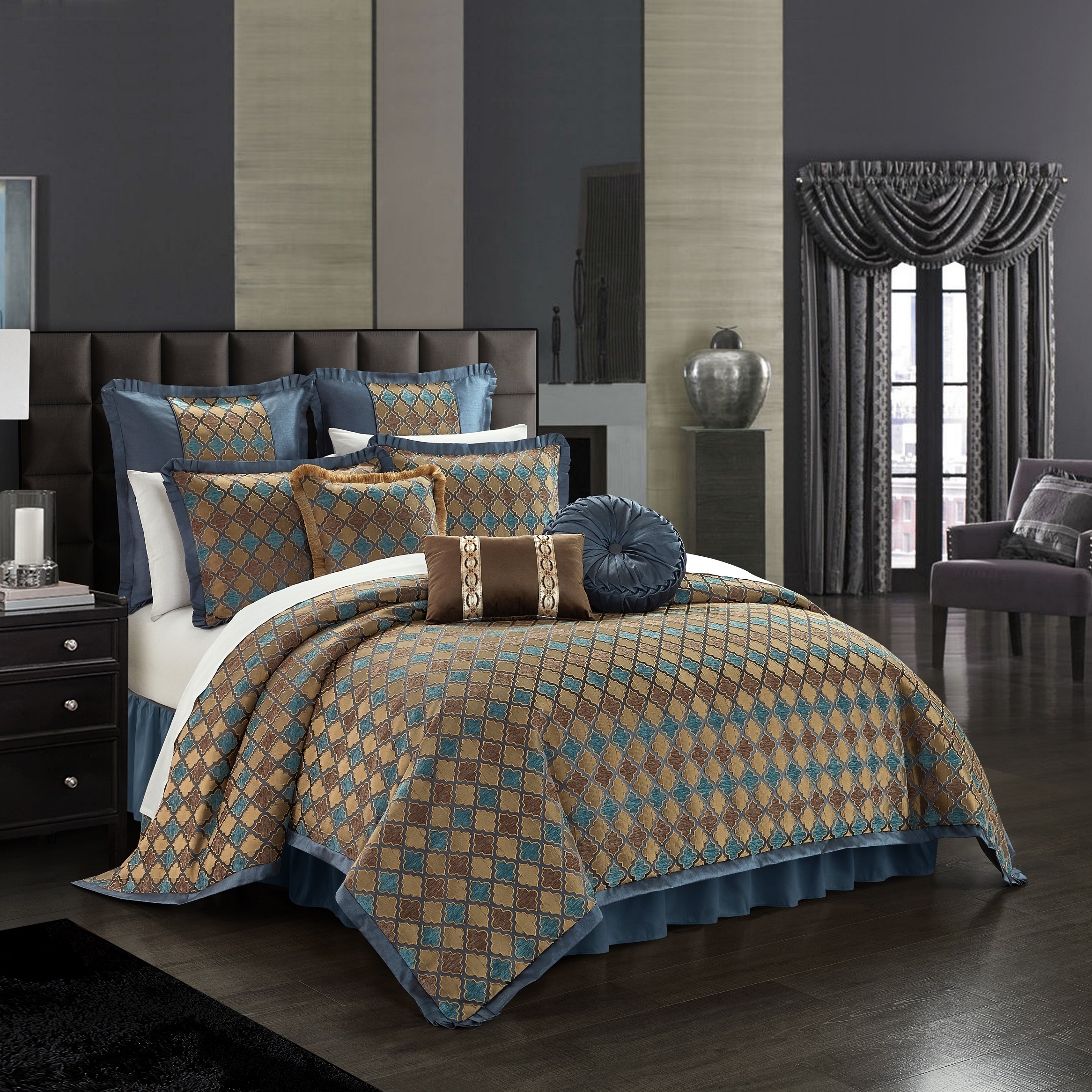 Sellen 9 Piece Comforter Set Chenille Geometric Scroll Pattern Flange Border Bedding - blue, king