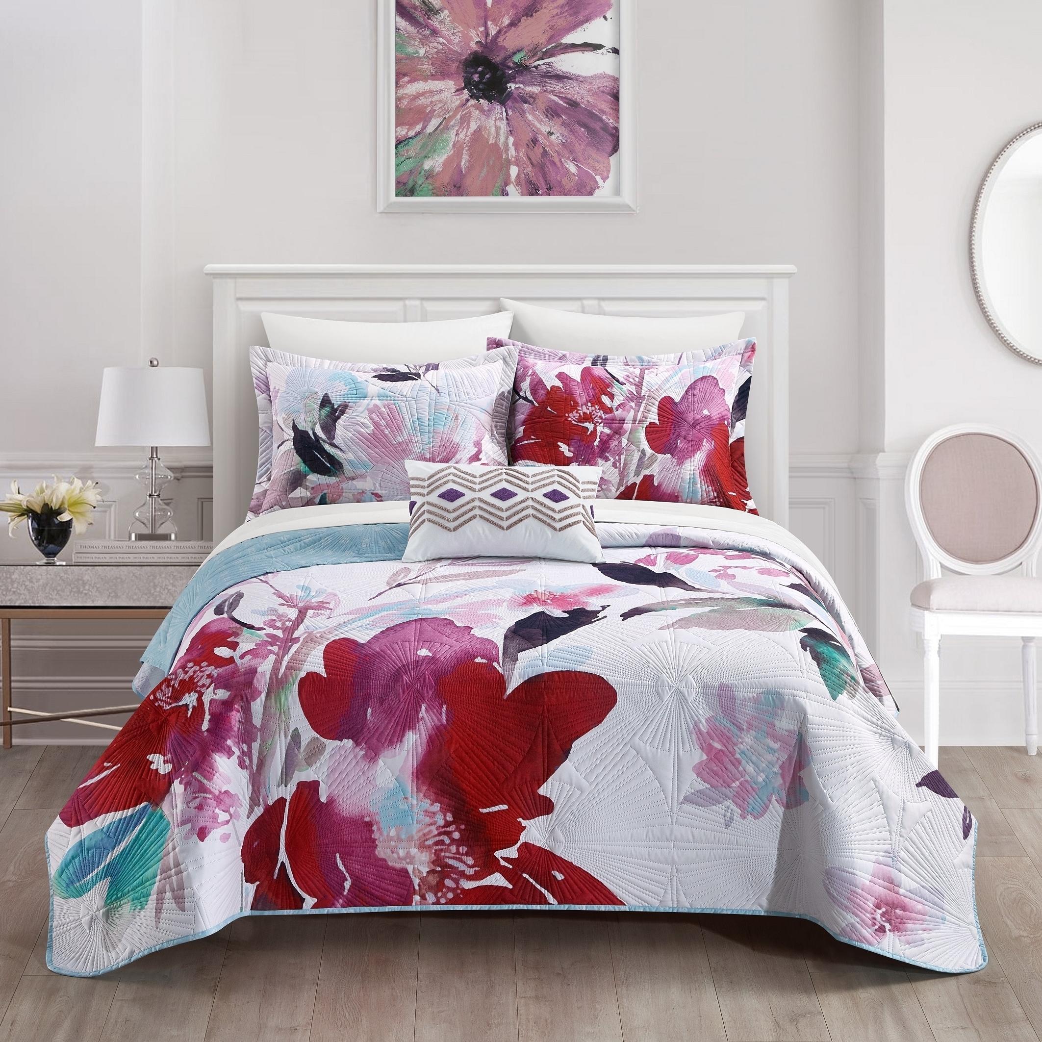 Ateus Palace 3 Or 4Piece Reversible Quilt Set Floral Watercolor Design Bedding - Red Hatsie, Queen (4 Piece)