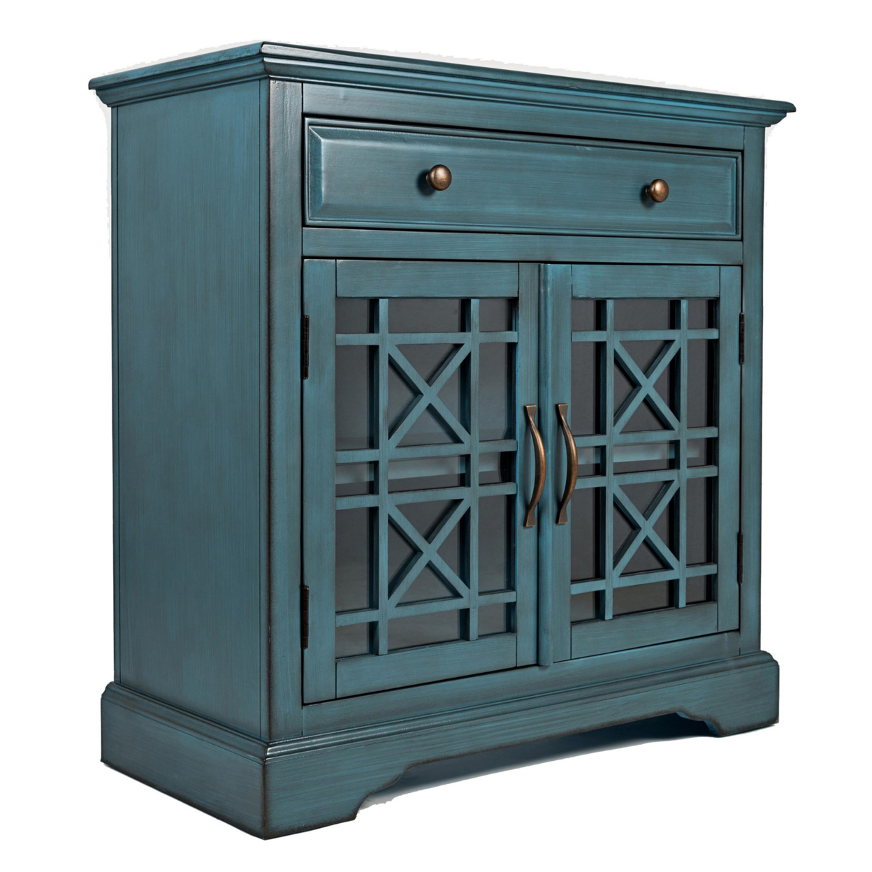 Craftsman Series 32 Inch Wooden Accent Cabinet with Fretwork Glass Front, Blue,Saltoro Sherpi