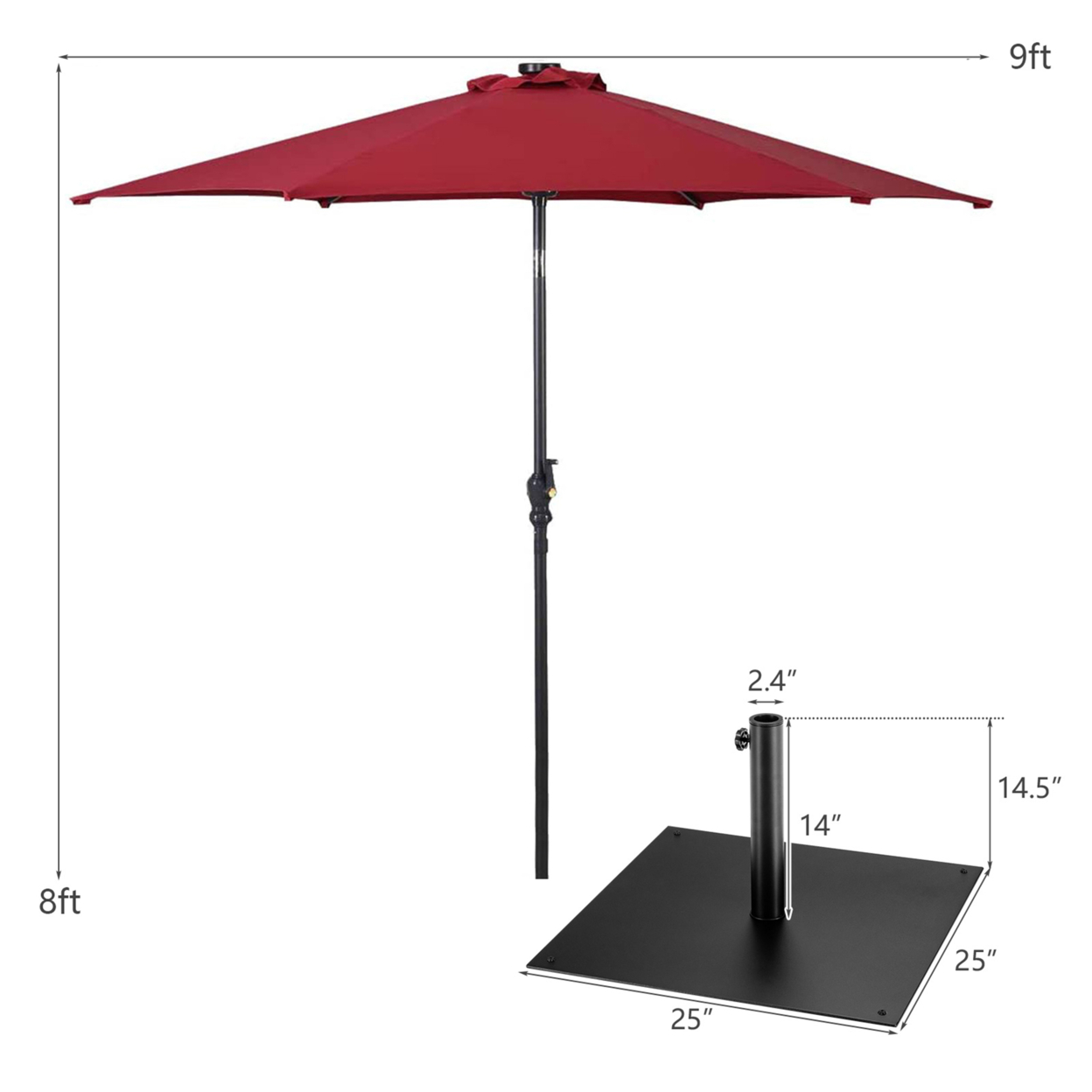 9 Ft Patio Table Market Umbrella W/ 18 Solar LED Lights & Heavy-duty Base - Wine