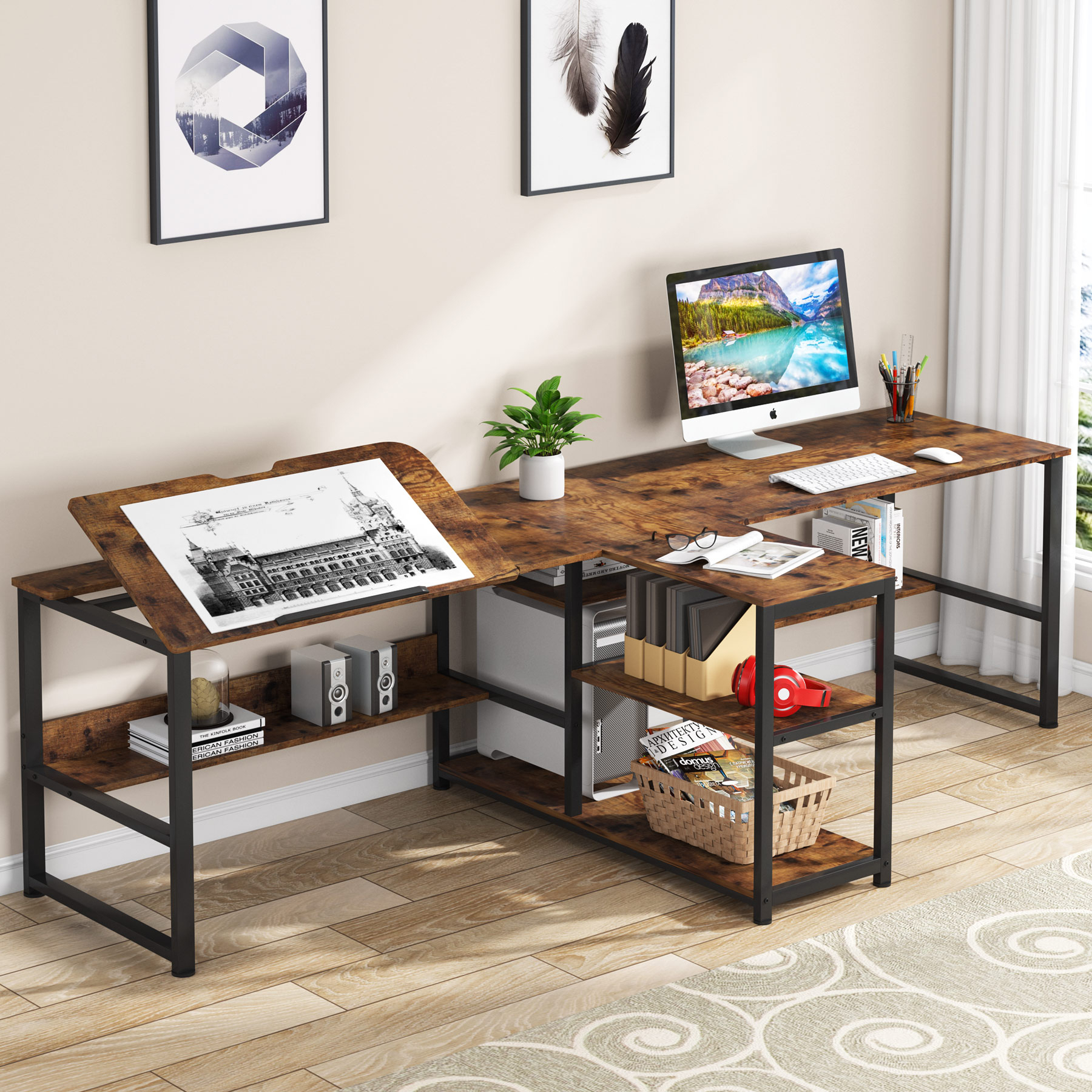 Tribesigns 94.5 inch Two Person Desk with Storage Shelves and Tiltable Tabletop, Double Computer Desk with Printer Shelf