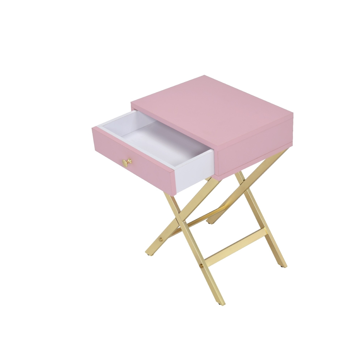 Wood And Metal Side Table With Crossed Base, Pink And Gold- Saltoro Sherpi