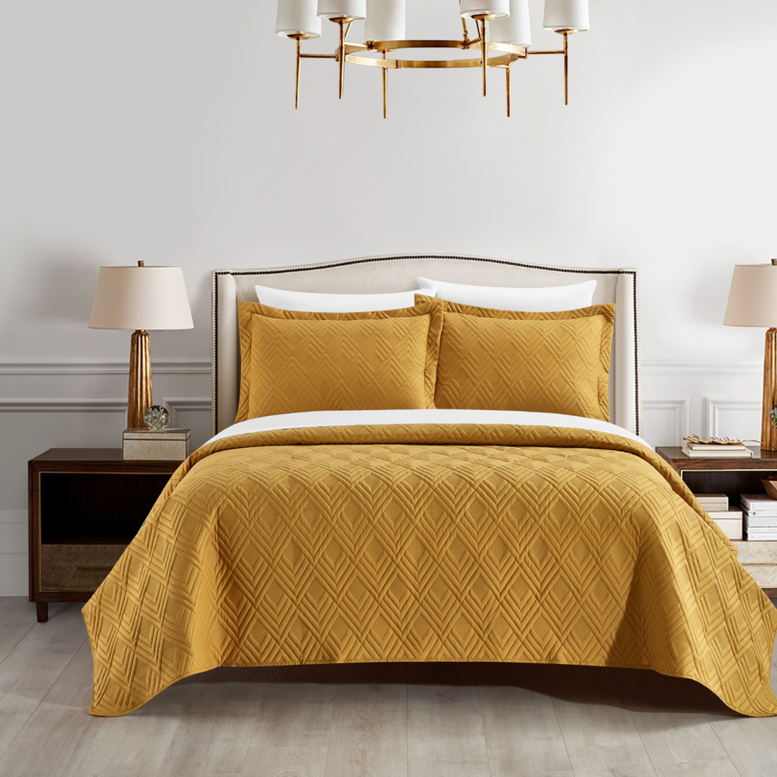 NY&CO Ahling 3 Piece Quilt Set Contemporary Geometric Diamond Pattern Bedding - Gold, Queen
