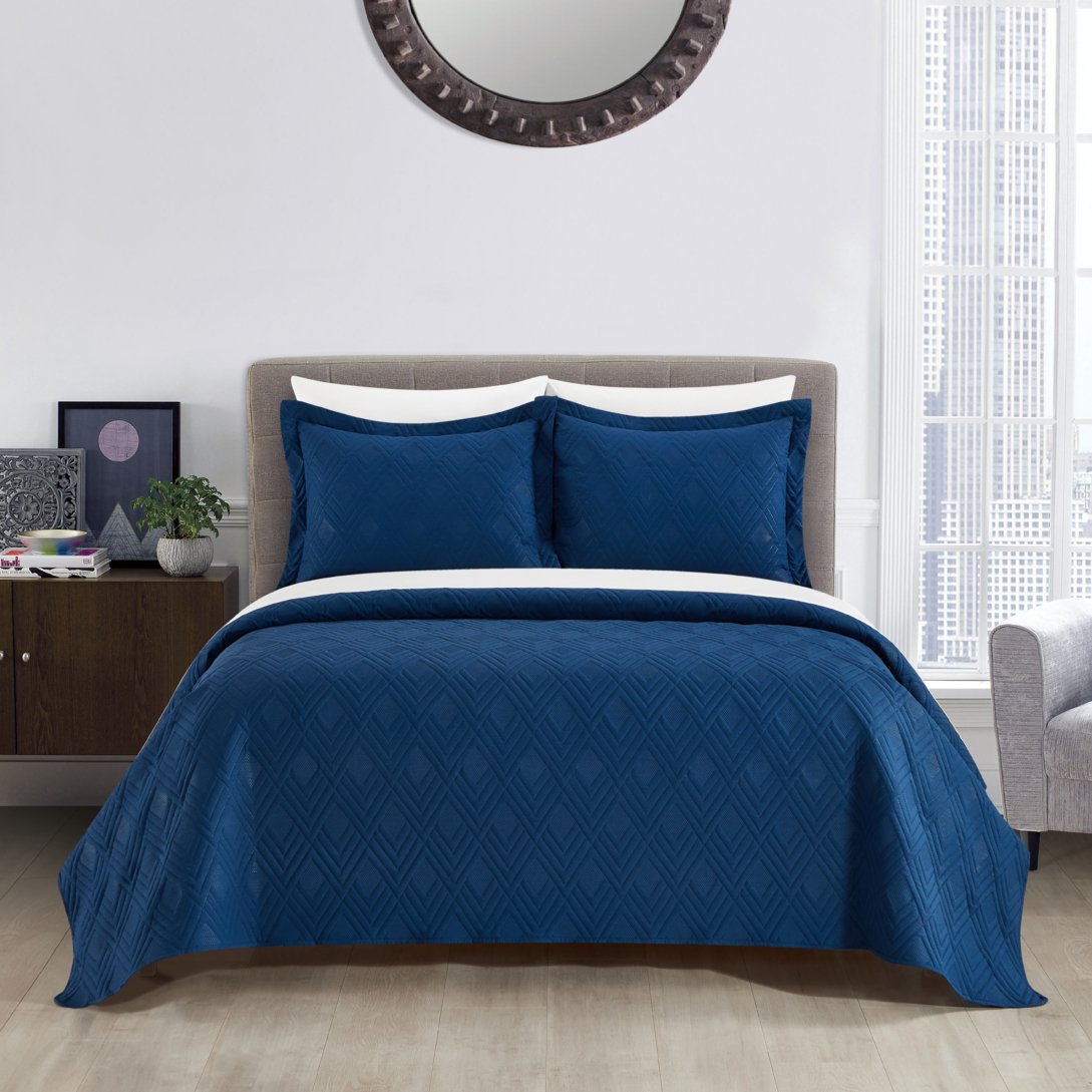 NY&CO Ahling 3 Piece Quilt Set Contemporary Geometric Diamond Pattern Bedding - Blue, Queen