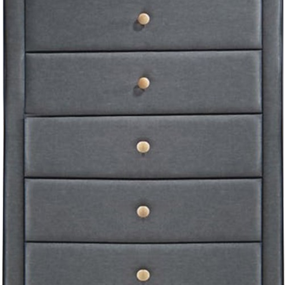 Transitional Style Wood And Fabric Upholstery Chest With 5 Drawers, Gray- Saltoro Sherpi