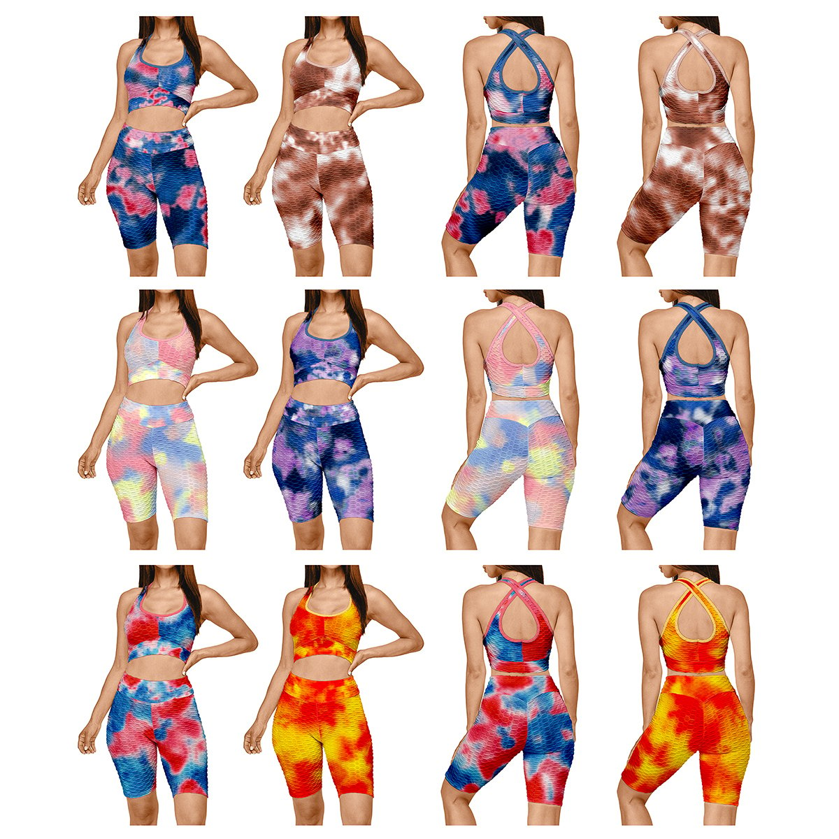 1-Pack Women's Tie Dye Anti Cellulite Sports Bra & High Waisted Biker Shorts Yoga Set - Large