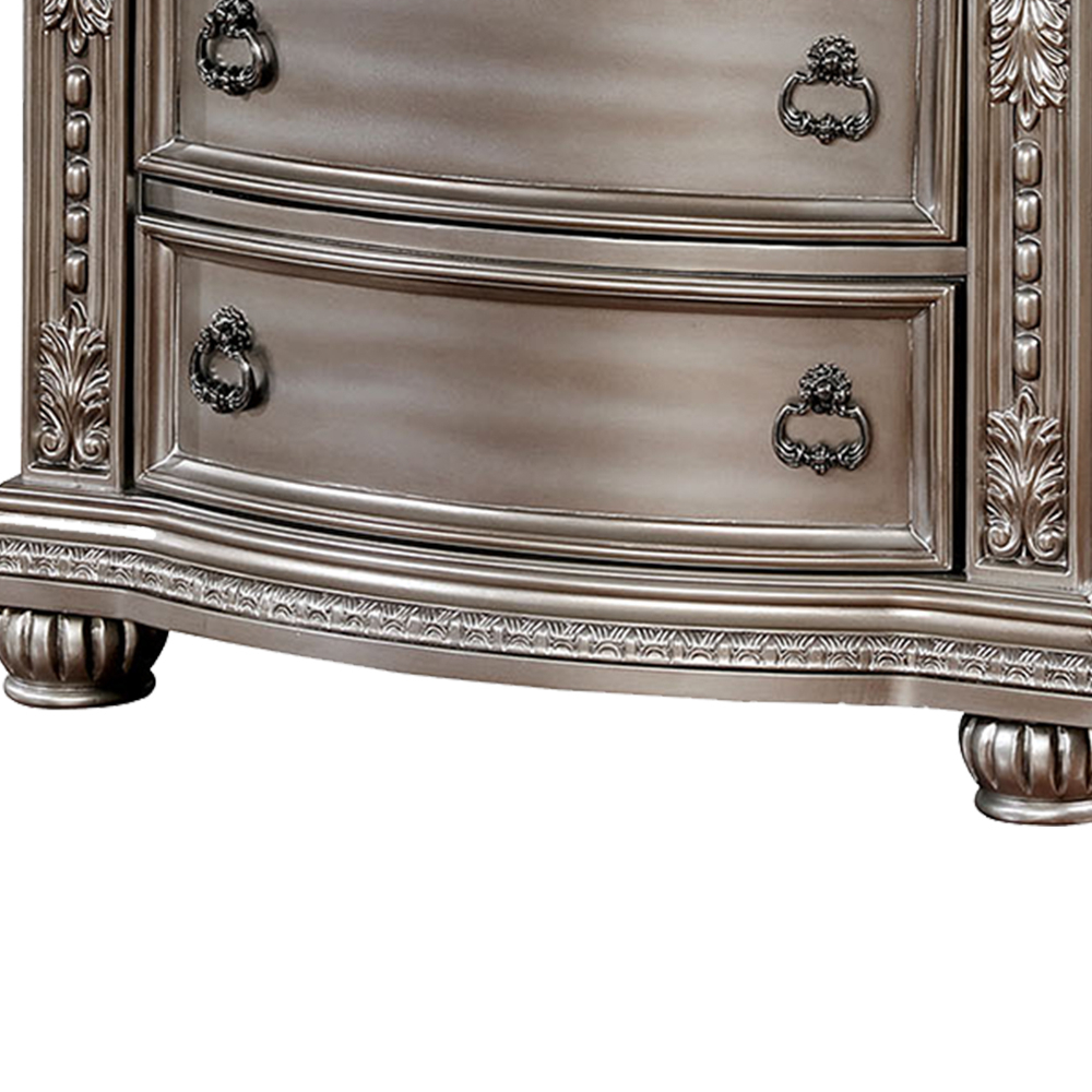 Solid Wood With Marble Top Nightstand With Three Drawers, Silver- Saltoro Sherpi