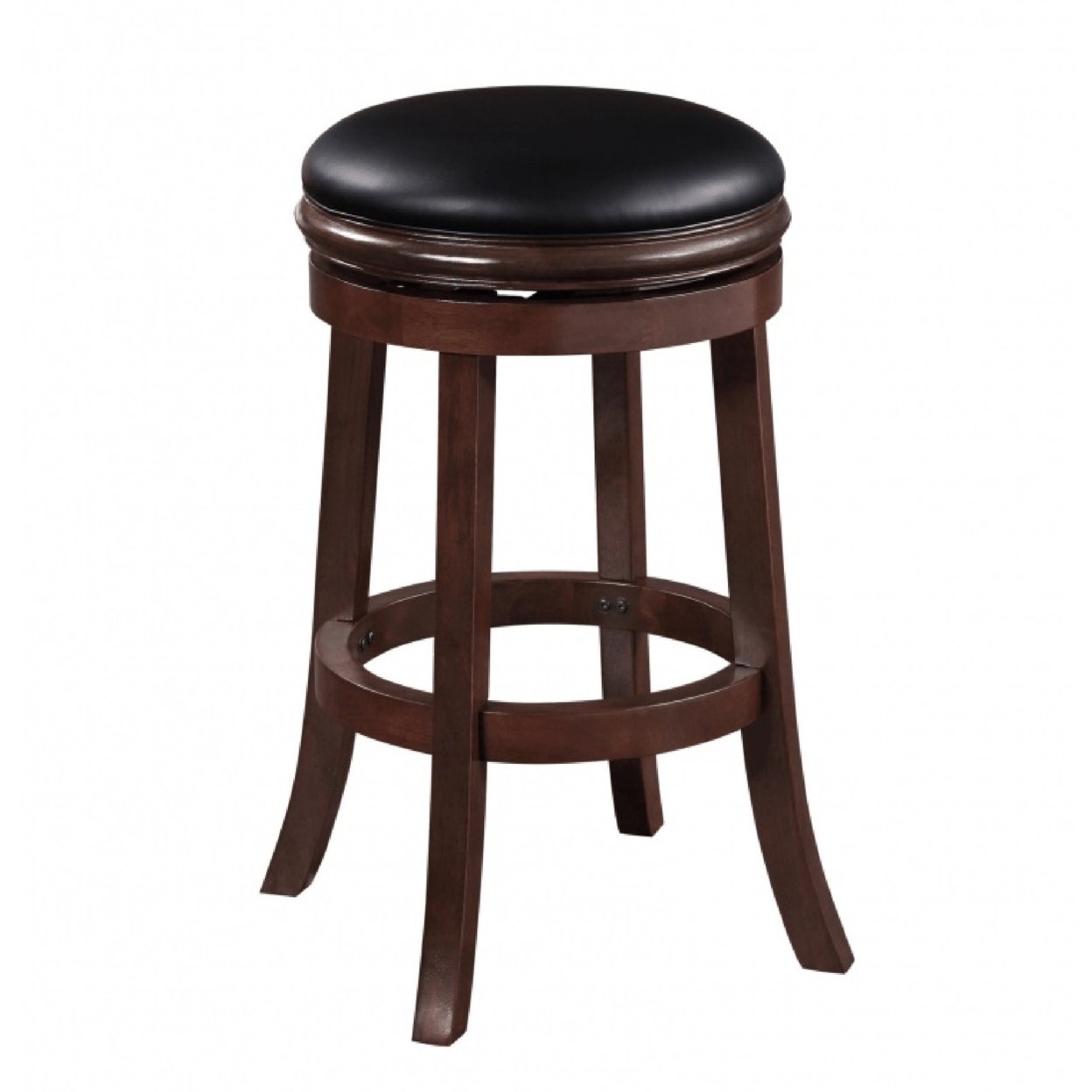 Sabi 29 Inch Swivel Counter Stool, Backless, Solid Wood, Faux Leather, Espresso Brown, Black
