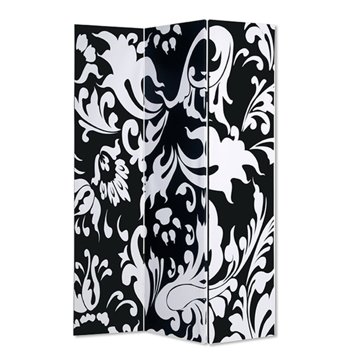 3 Panel Foldable Room Divider With Filigree Design, Black And White- Saltoro Sherpi