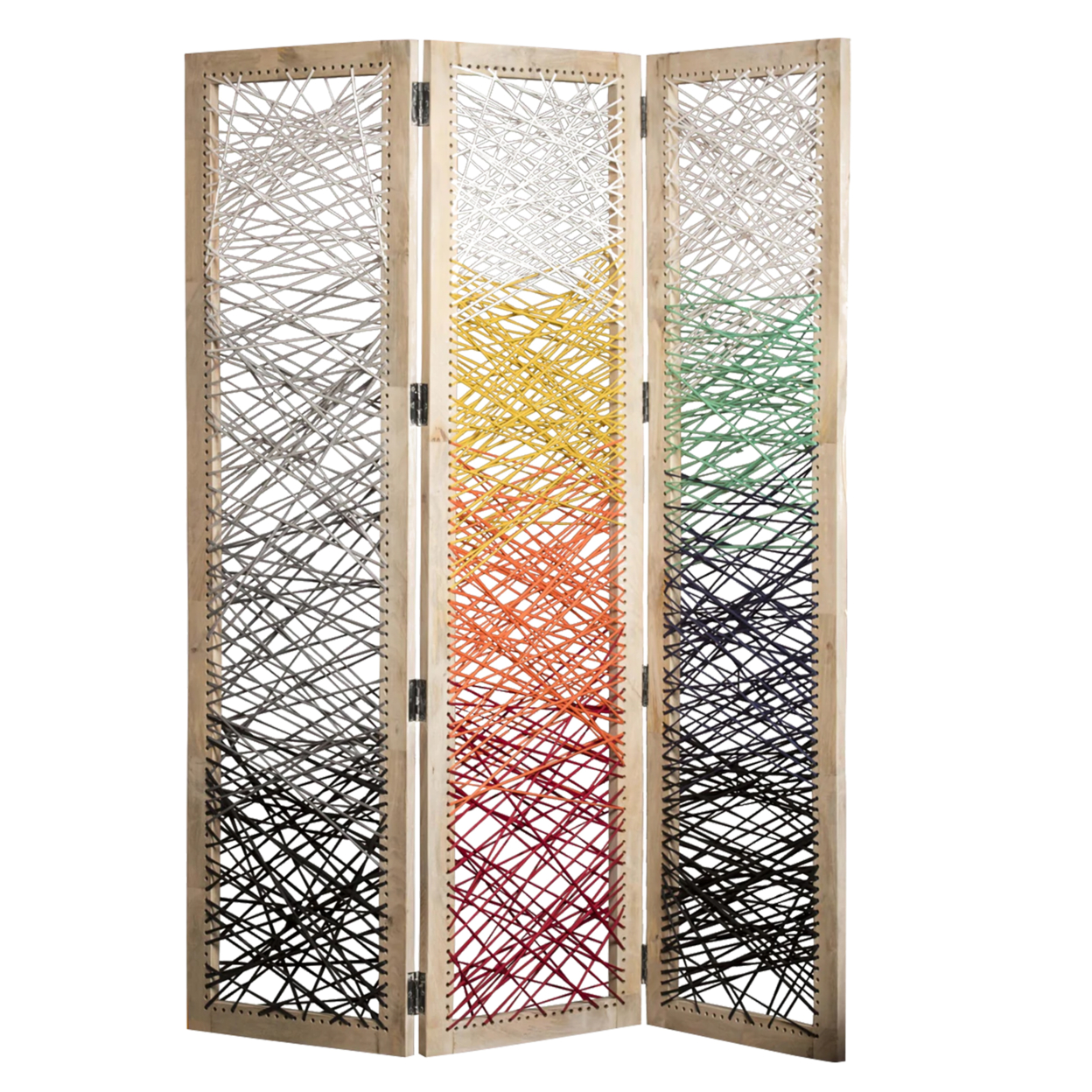 3 Panel Wooden Screen With Woven Reinforced Yarn, Multicolor- Saltoro Sherpi