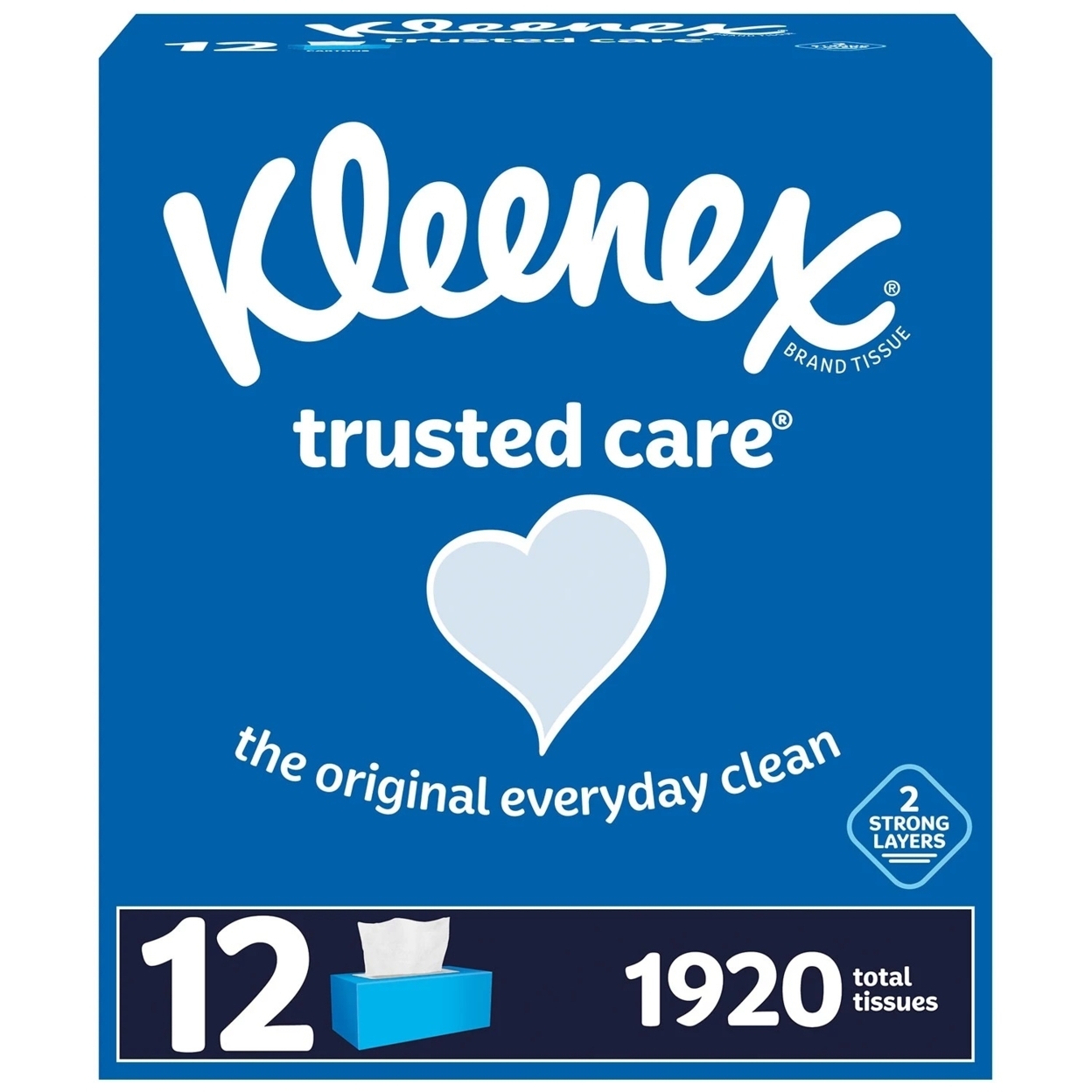 Kleenex Trusted Care 2-ply Facial Tissues, Flat Boxes (160 Tissue/Box, 12 Boxes)