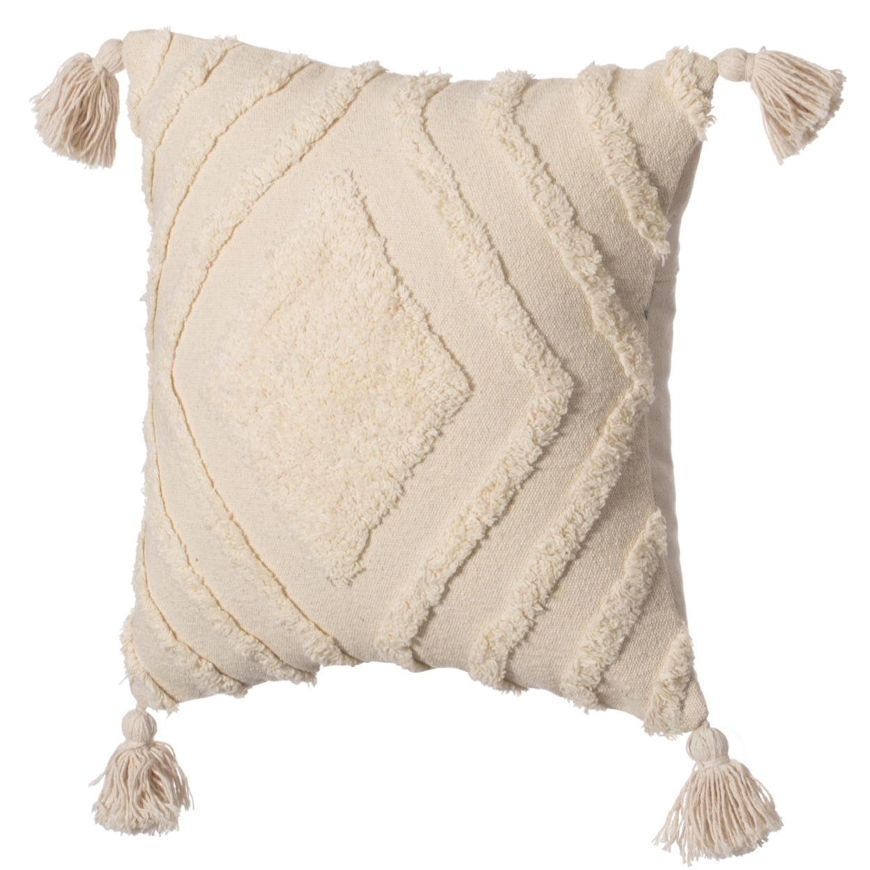 16 Handwoven Cotton Throw Pillow Cover With White On White Tufted Design And Tassel Corners - Ikat With Cushion