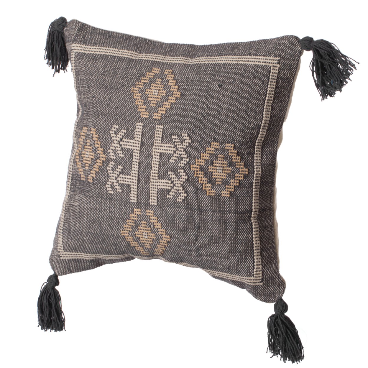 16" Handwoven Cotton Throw Pillow Cover with Tribal Aztec Design and Tassel Corners - brown with cushion